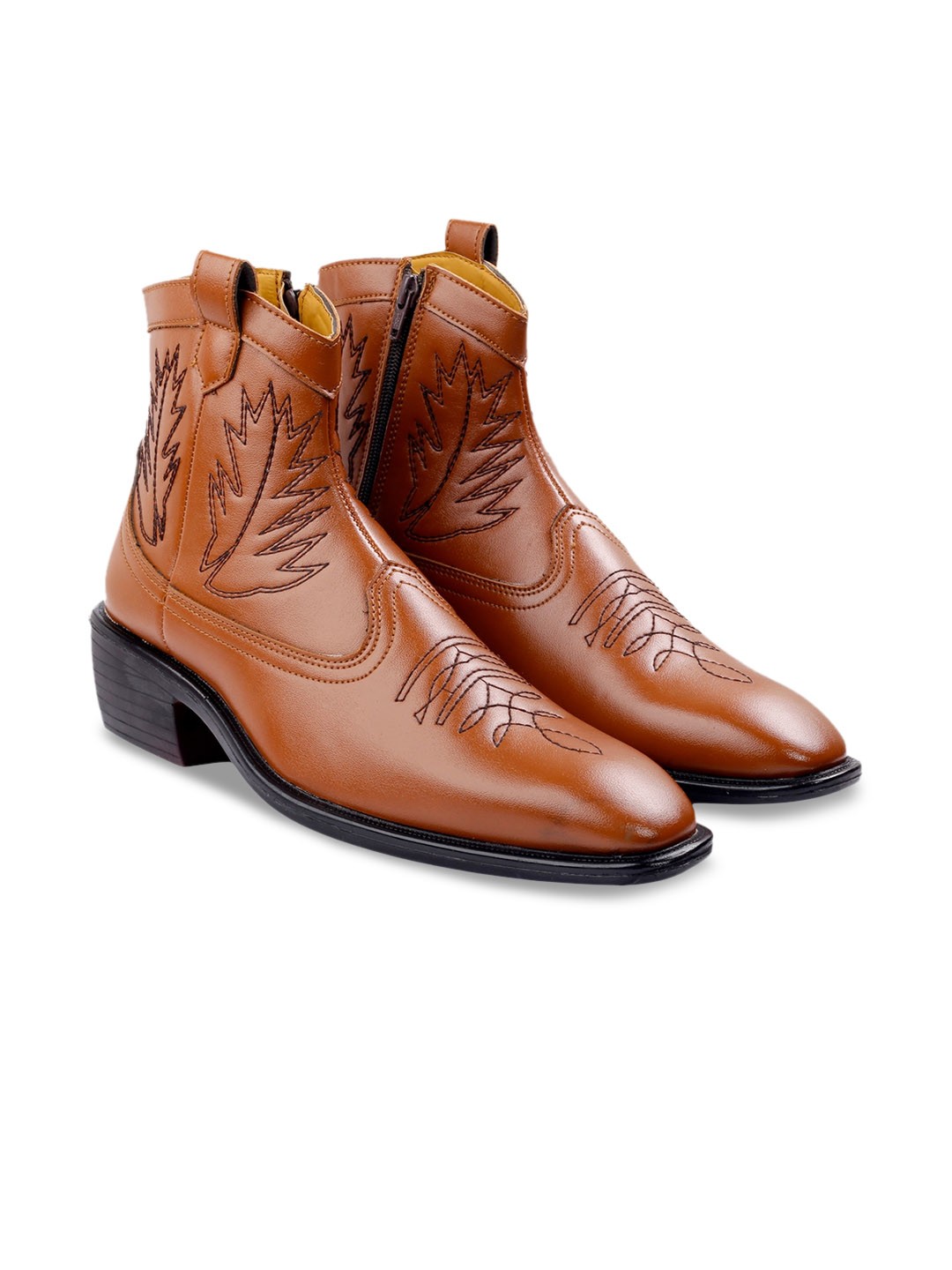 

Bxxy Men Mid-Top Textured Block Heel Regular Boots, Tan