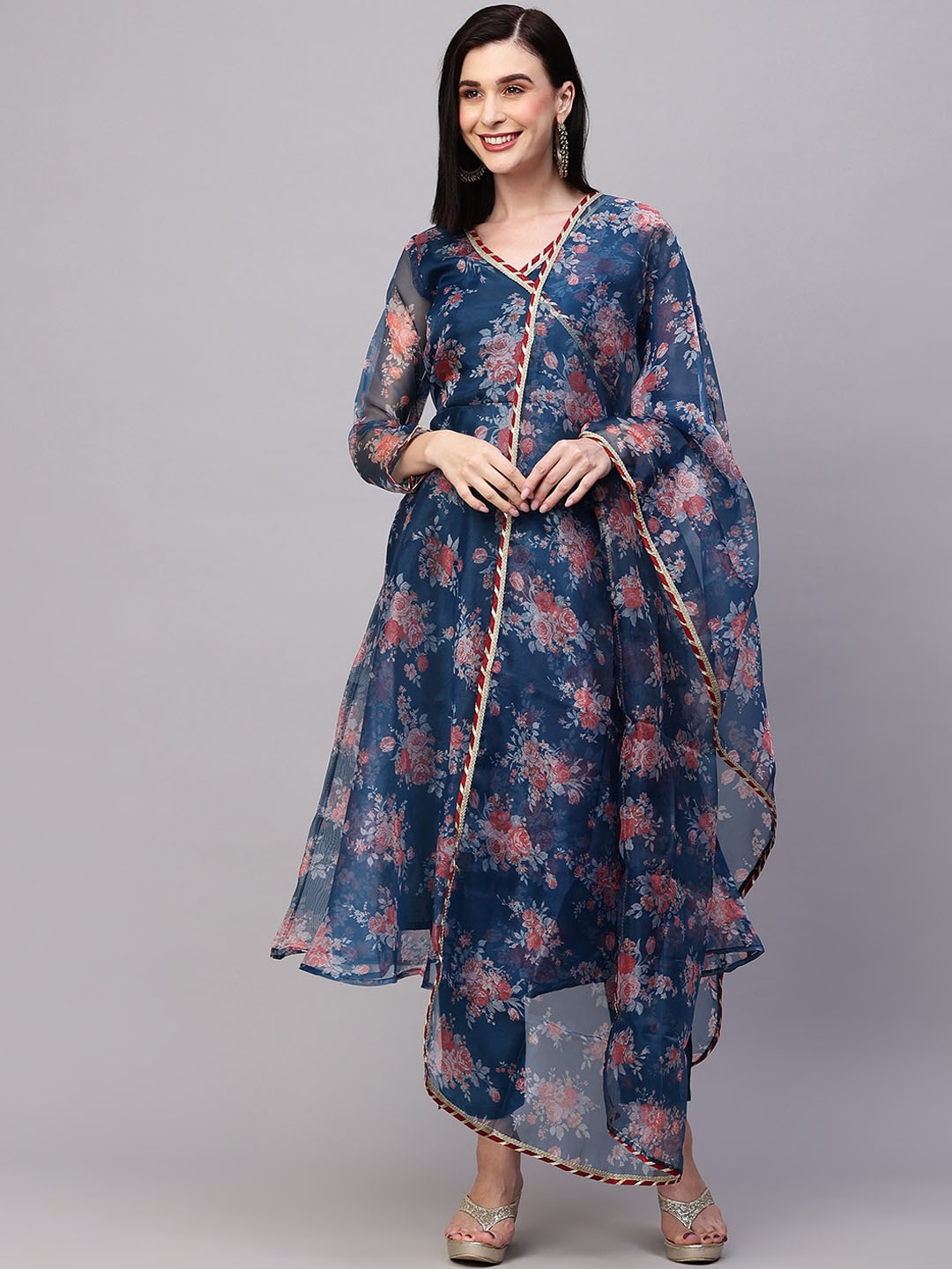 

AVANSHEE Floral Printed A-Line Kurta With Trousers & Dupatta, Navy blue