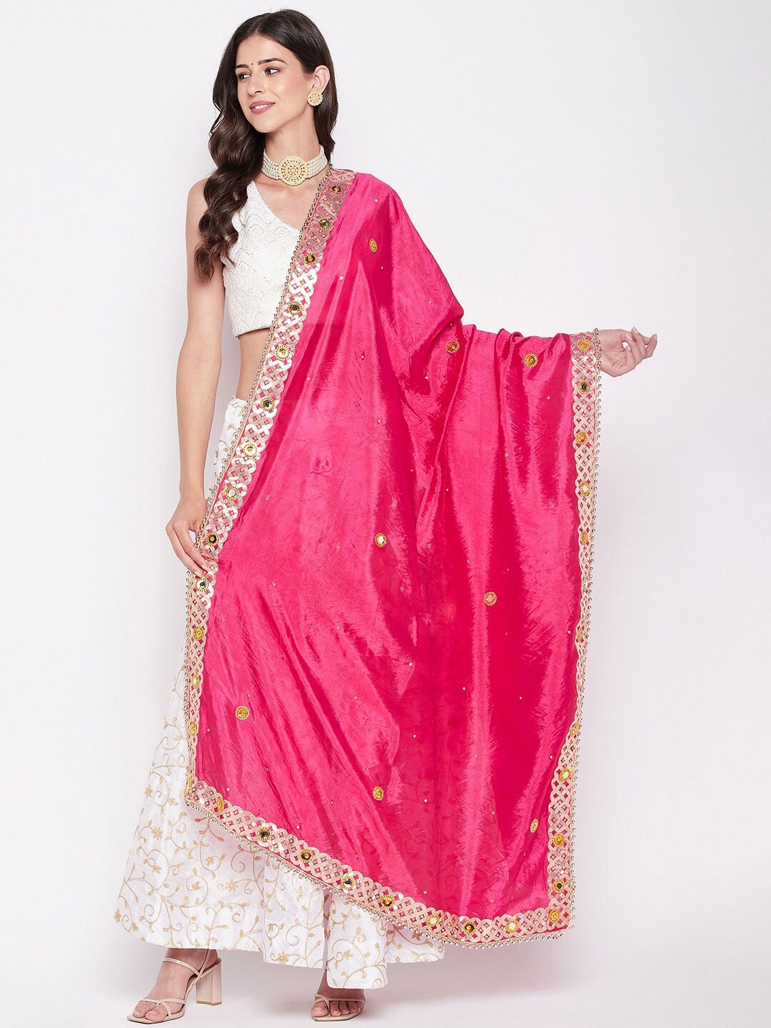 

Clora Creation Ethnic Motifs Embroidered Dupatta with Mirror Work, Magenta