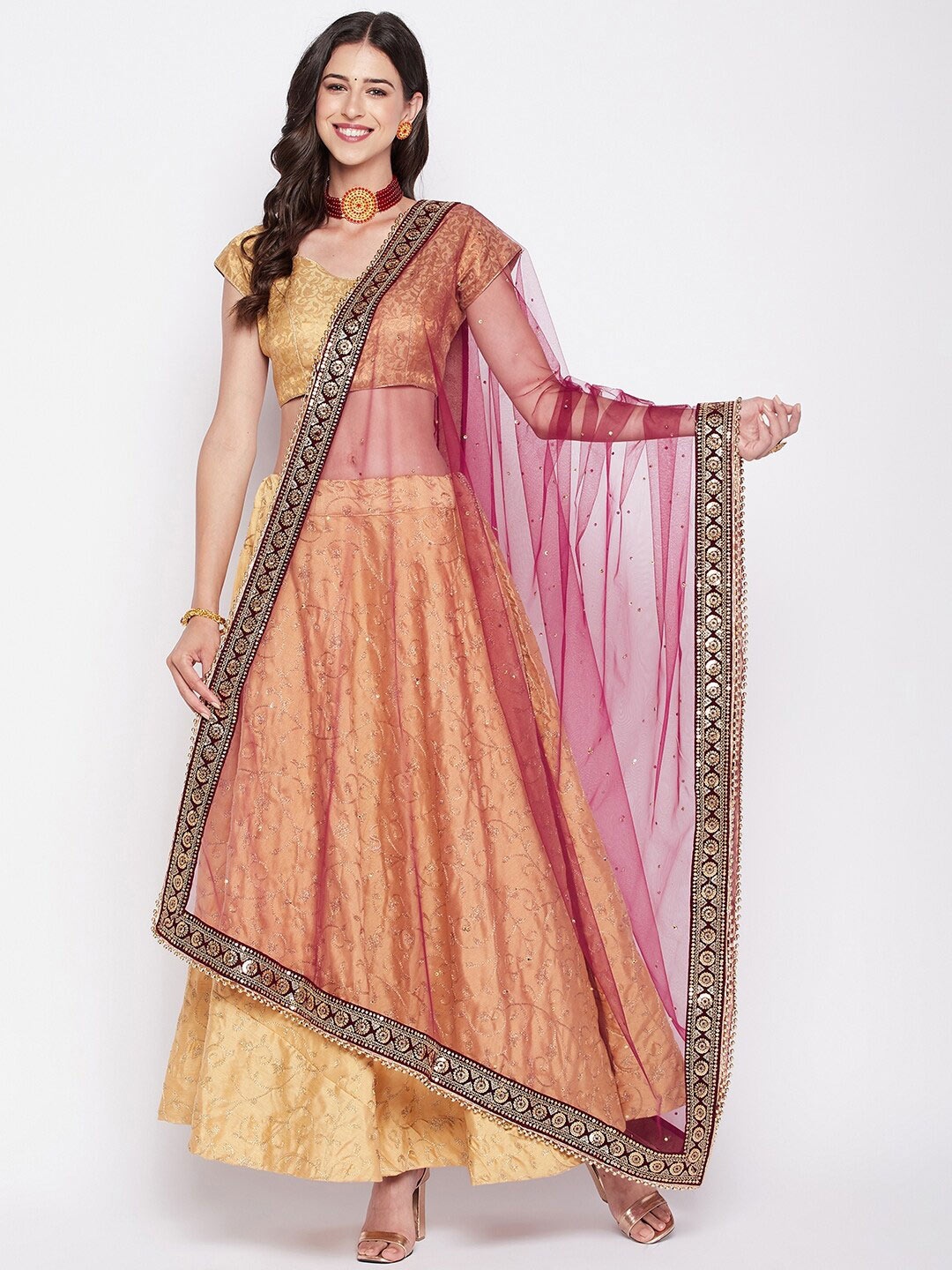 

Clora Creation Ethnic Motifs Embroidered Dupatta With Gotta Patti, Burgundy