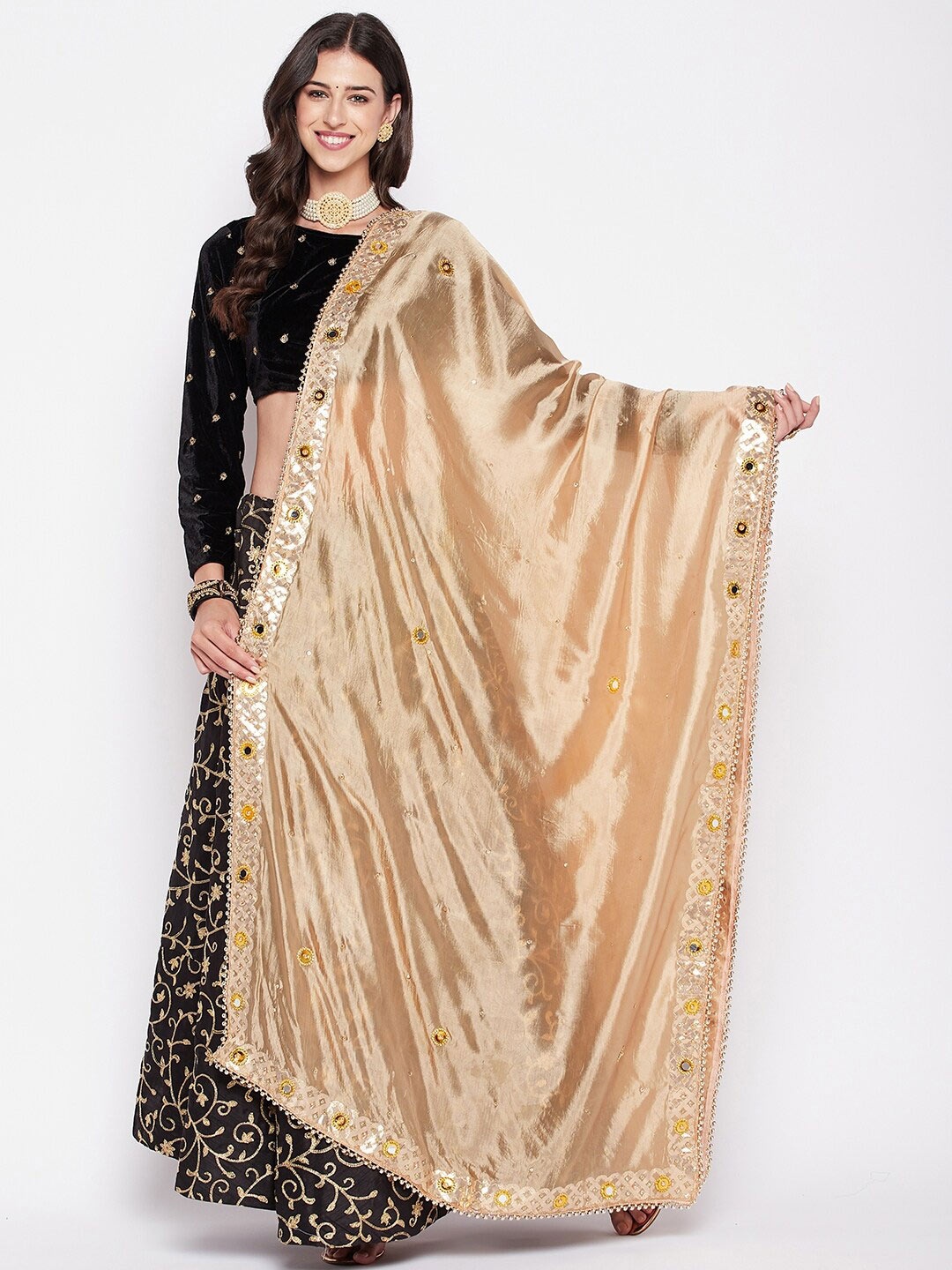 

Clora Creation Ethnic Motifs Embroidered Dupatta With Mirror Work, Beige