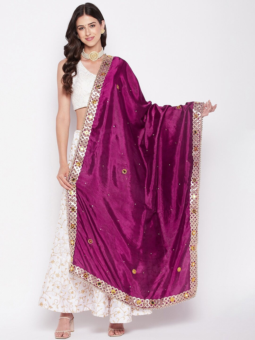 

Clora Creation Ethnic Motifs Embroidered Dupatta With Mirror Work, Burgundy