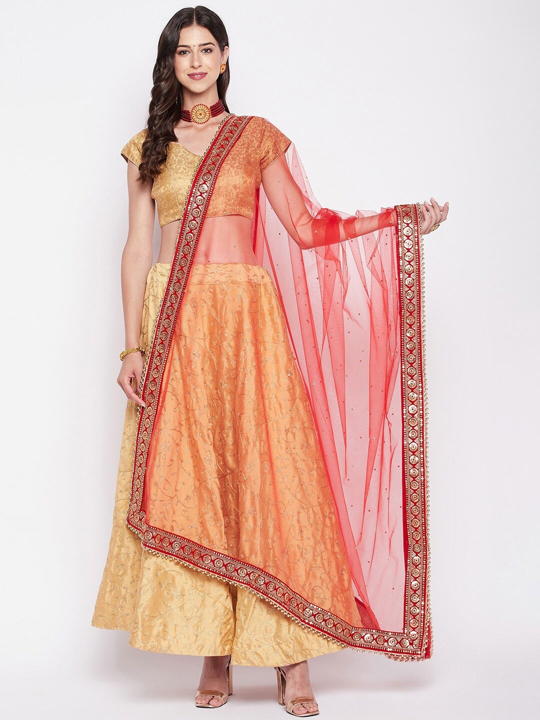 

Clora Creation Ethnic Motifs Embroidered Dupatta with Sequinned, Red