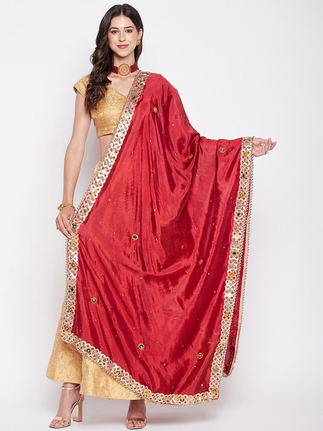 

Clora Creation Embroidered Dupatta With Mirror Work, Maroon