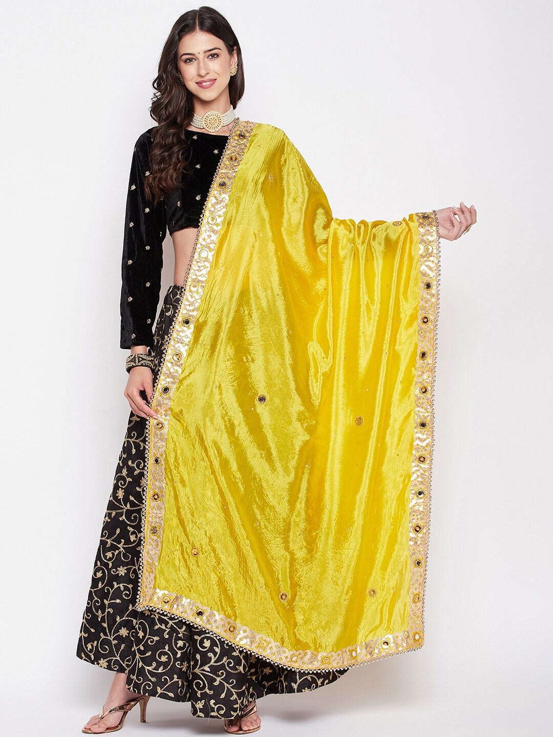 

Clora Creation Polka Dots Mirror Work Embroidered Dupatta, Yellow