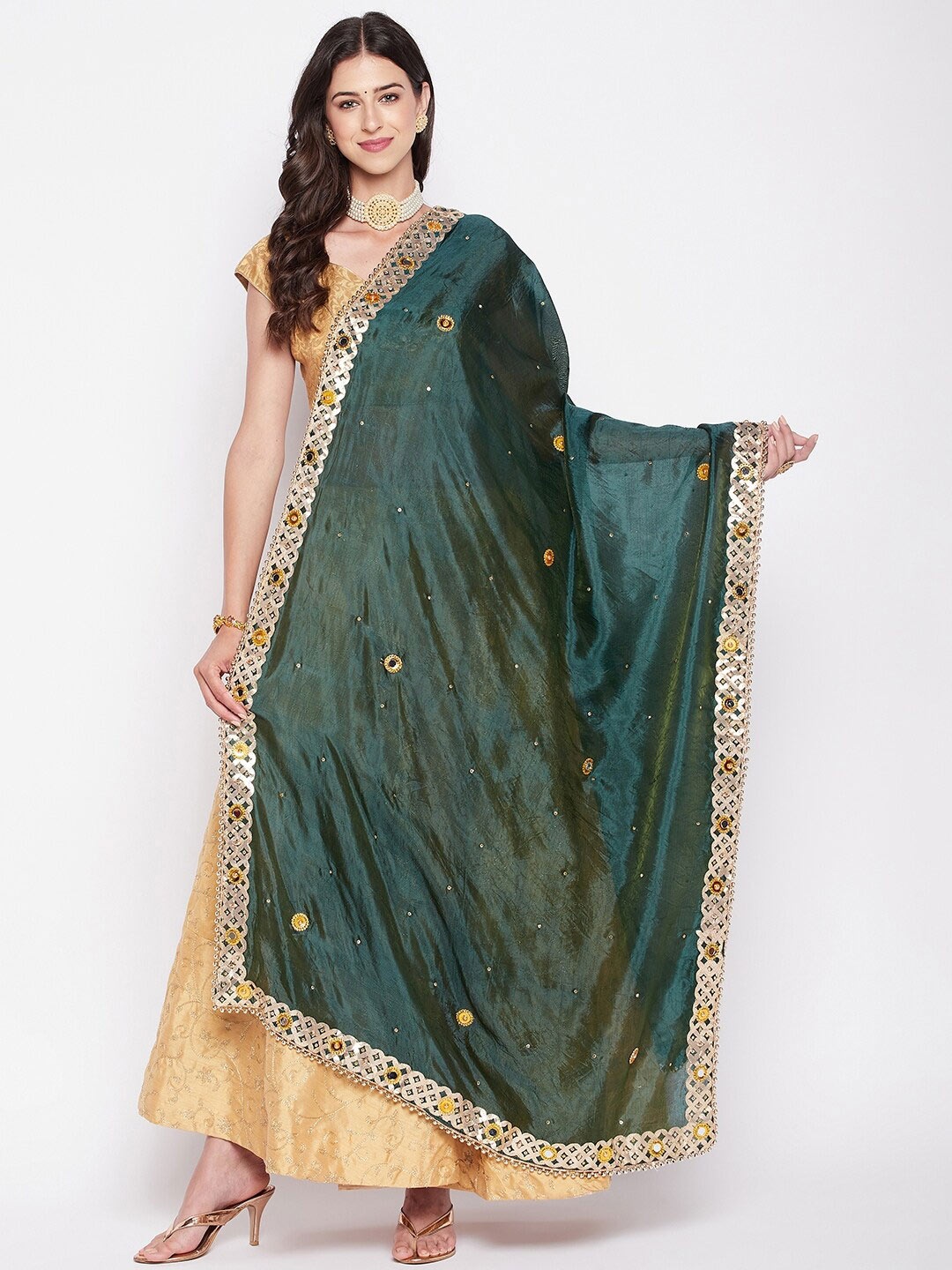 

Clora Creation Ethnic Motifs Embroidered Dupatta With Mirror Work, Green