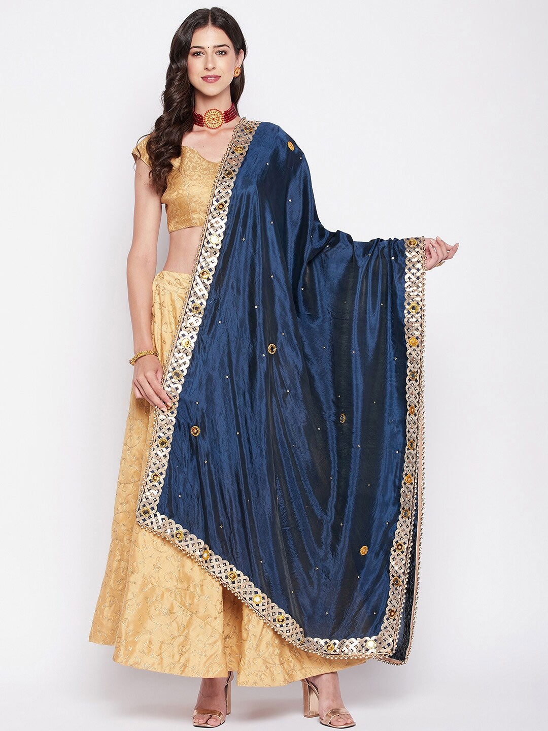 

Clora Creation Polka Dots Mirror Work Embroidered Dupatta, Blue