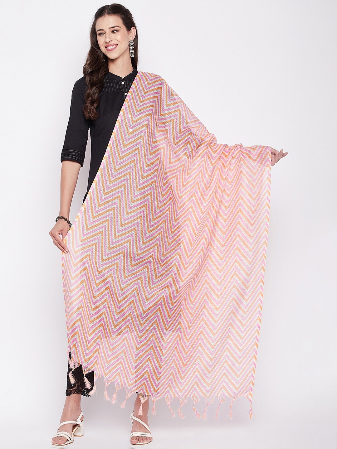 

Clora Creation Tasselled Printed Dupatta, Pink