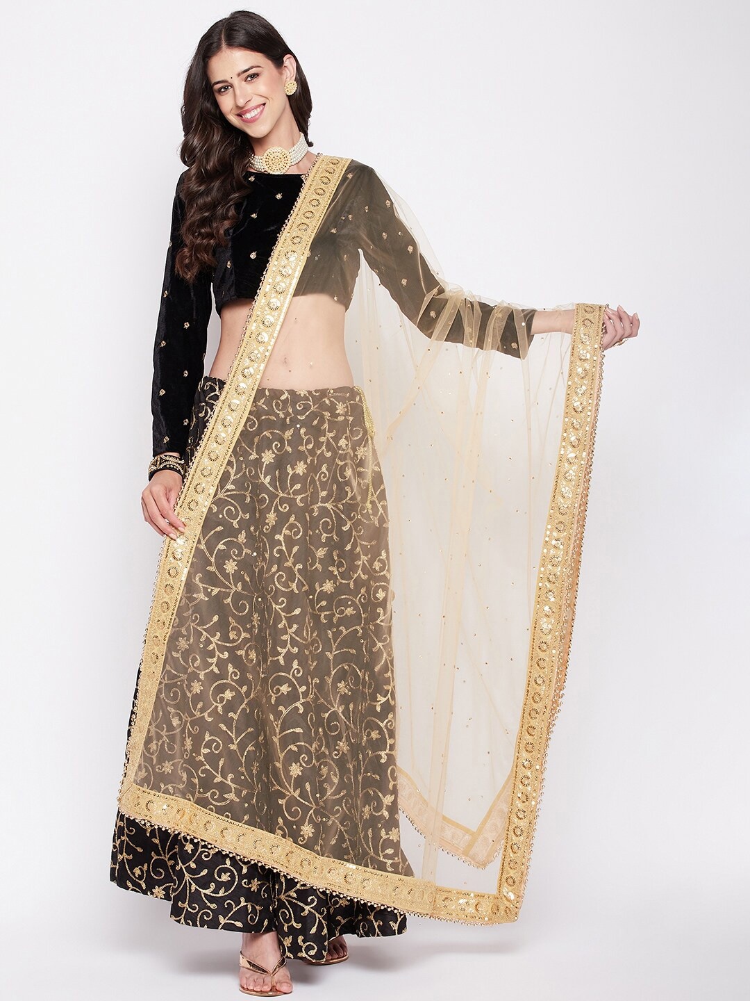 

Clora Creation Ethnic Motifs Sequinned Embroidered Dupatta, Beige