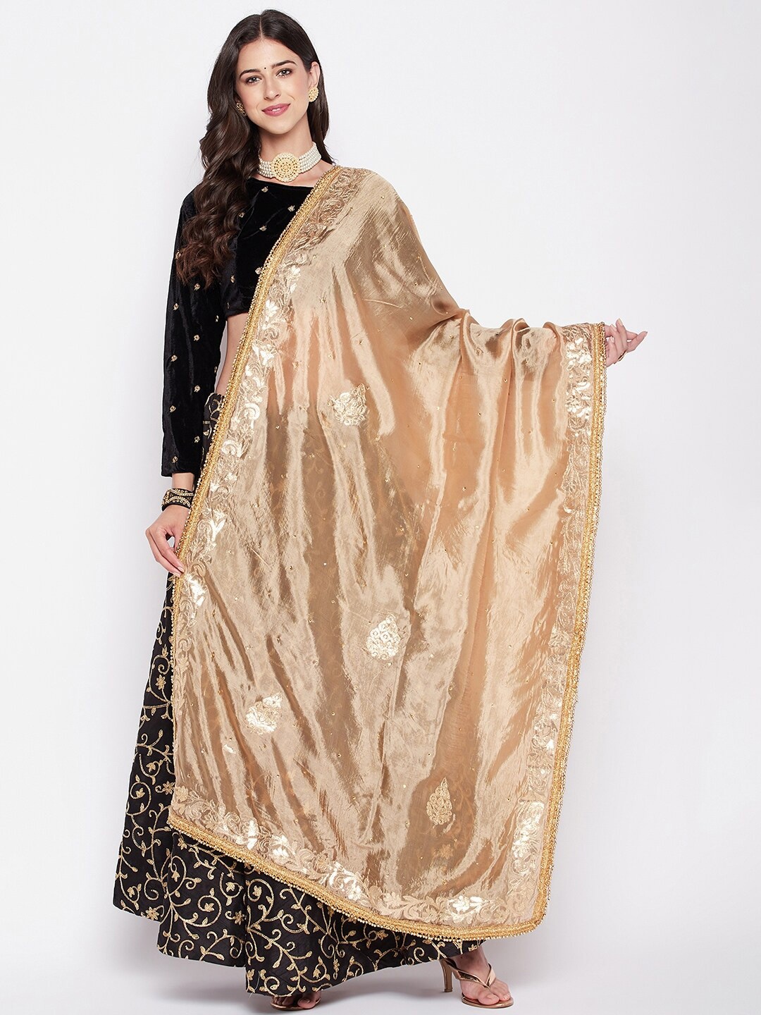 

Clora Creation Ethnic Motifs Gotta Patti Embroidered Dupatta, Beige