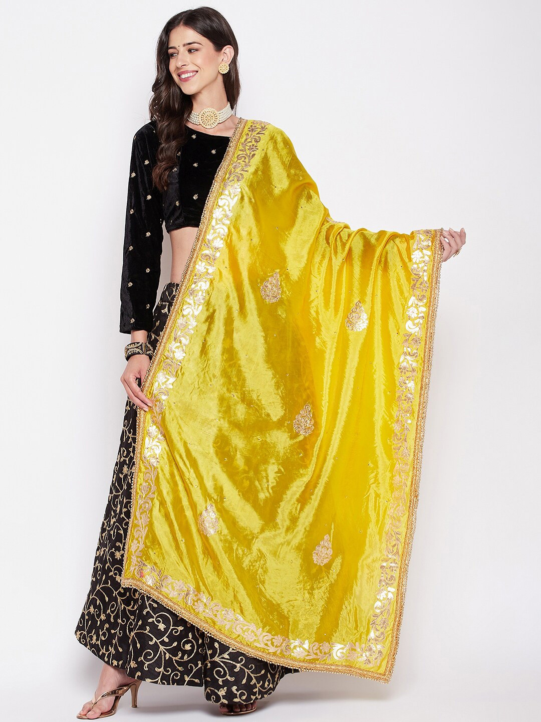 

Clora Creation Ethnic Motifs Gotta Patti Embroidered Dupatta, Yellow