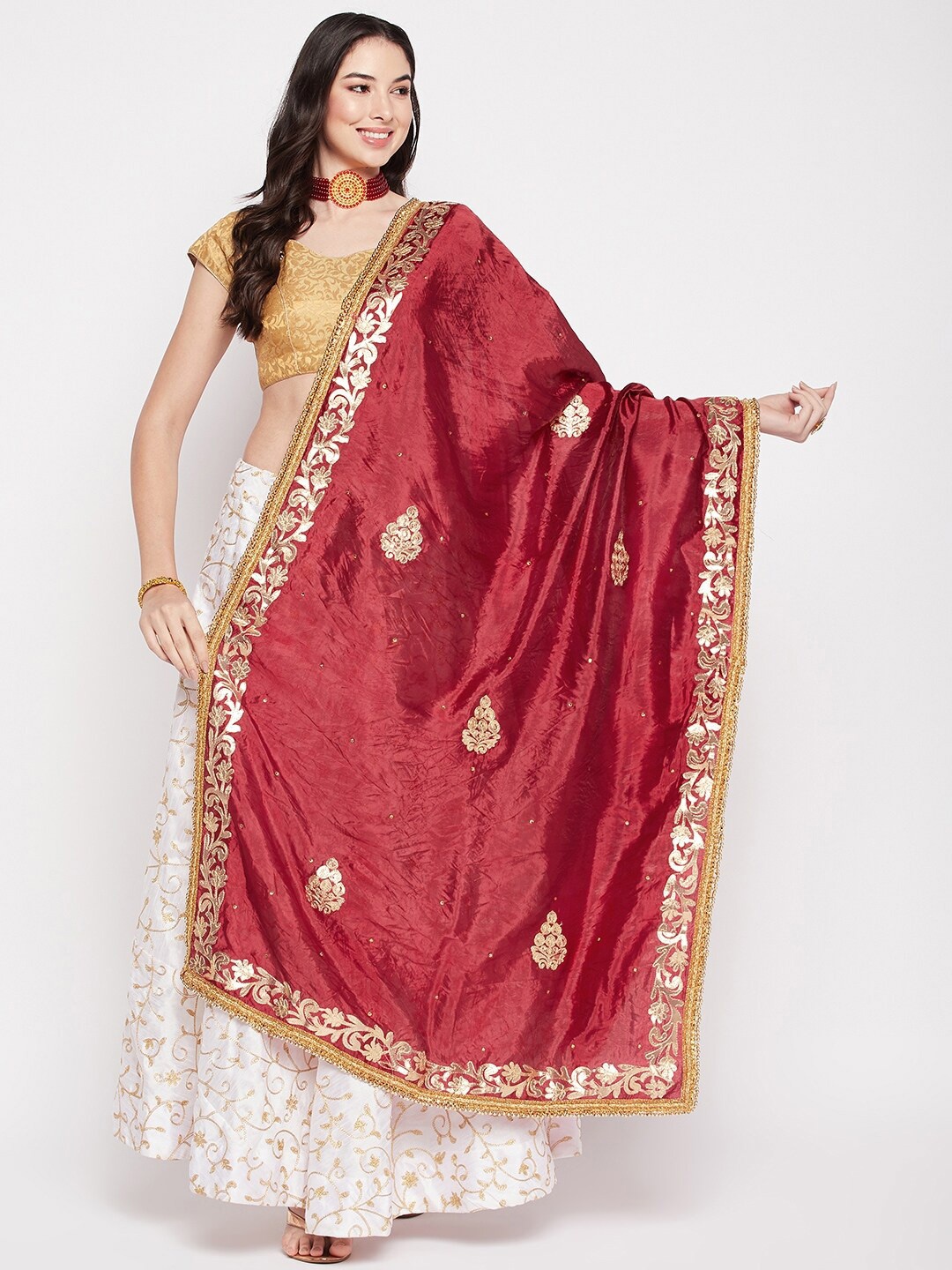 

Clora Creation Ethnic Motifs Gotta Patti Embroidered Dupatta, Maroon