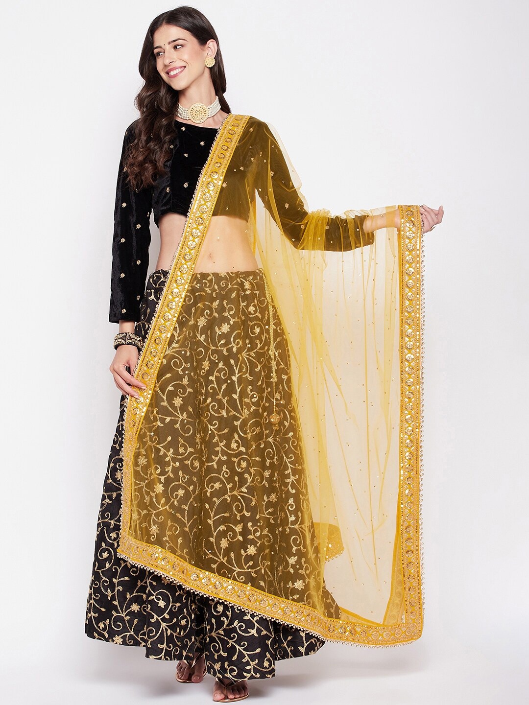 

Clora Creation Ethnic Motifs Sequinned Embroidered Dupatta, Mustard