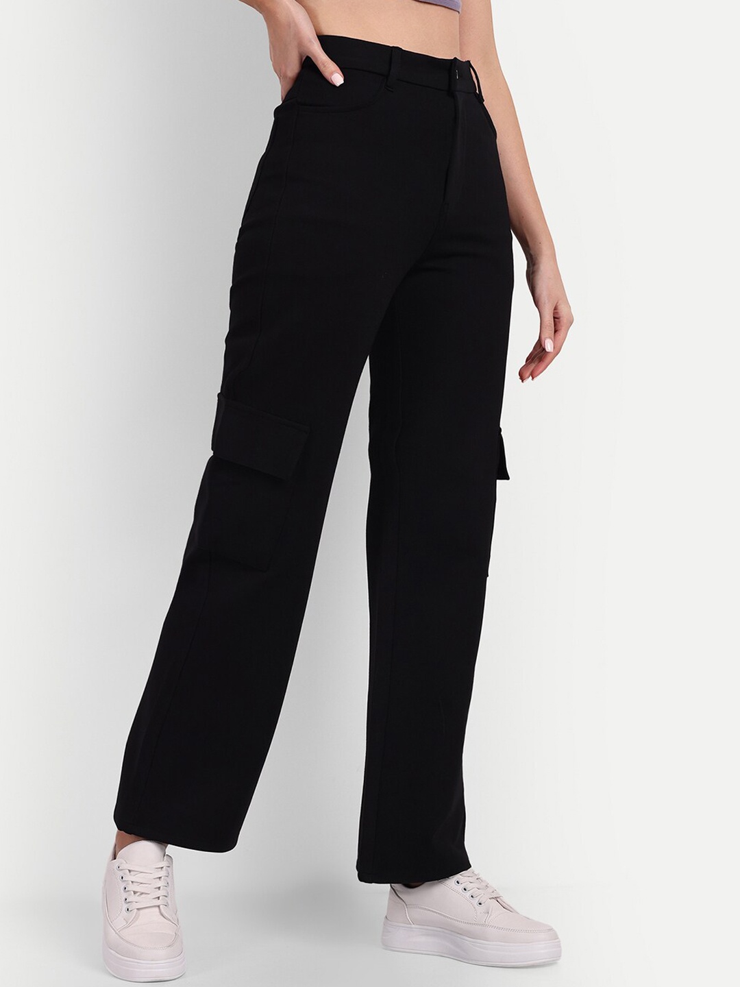 

BROADSTAR Women Relaxed Loose Fit High-Rise Easy Wash Cargos Trousers, Black
