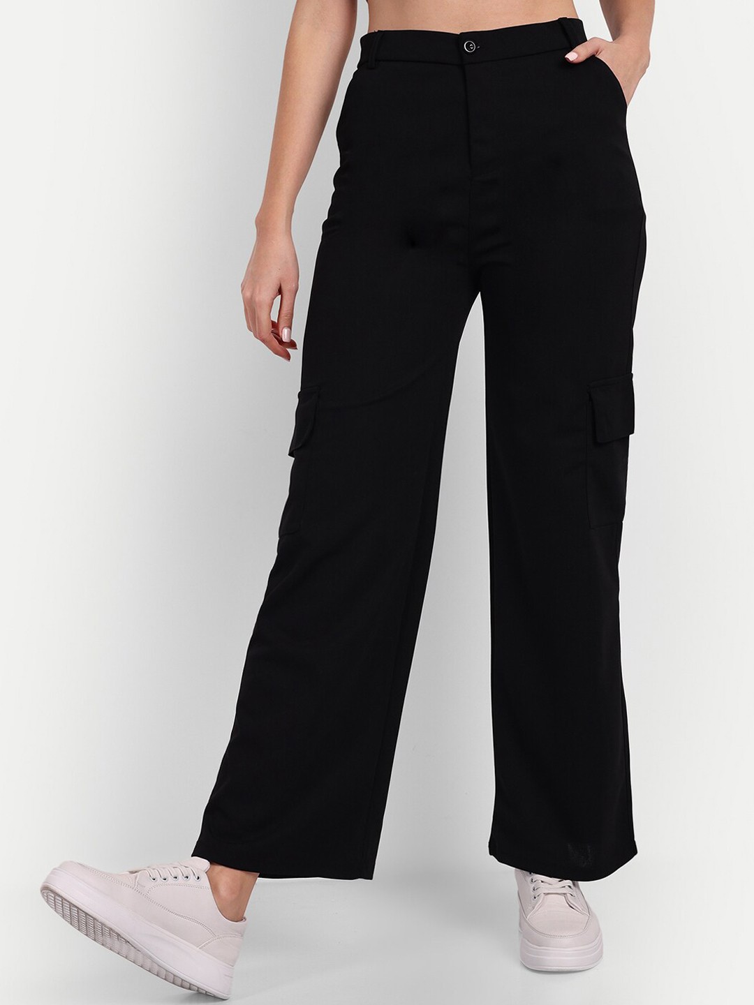 

BROADSTAR Women Relaxed Loose Fit High-Rise Easy Wash Cargos Trousers, Black