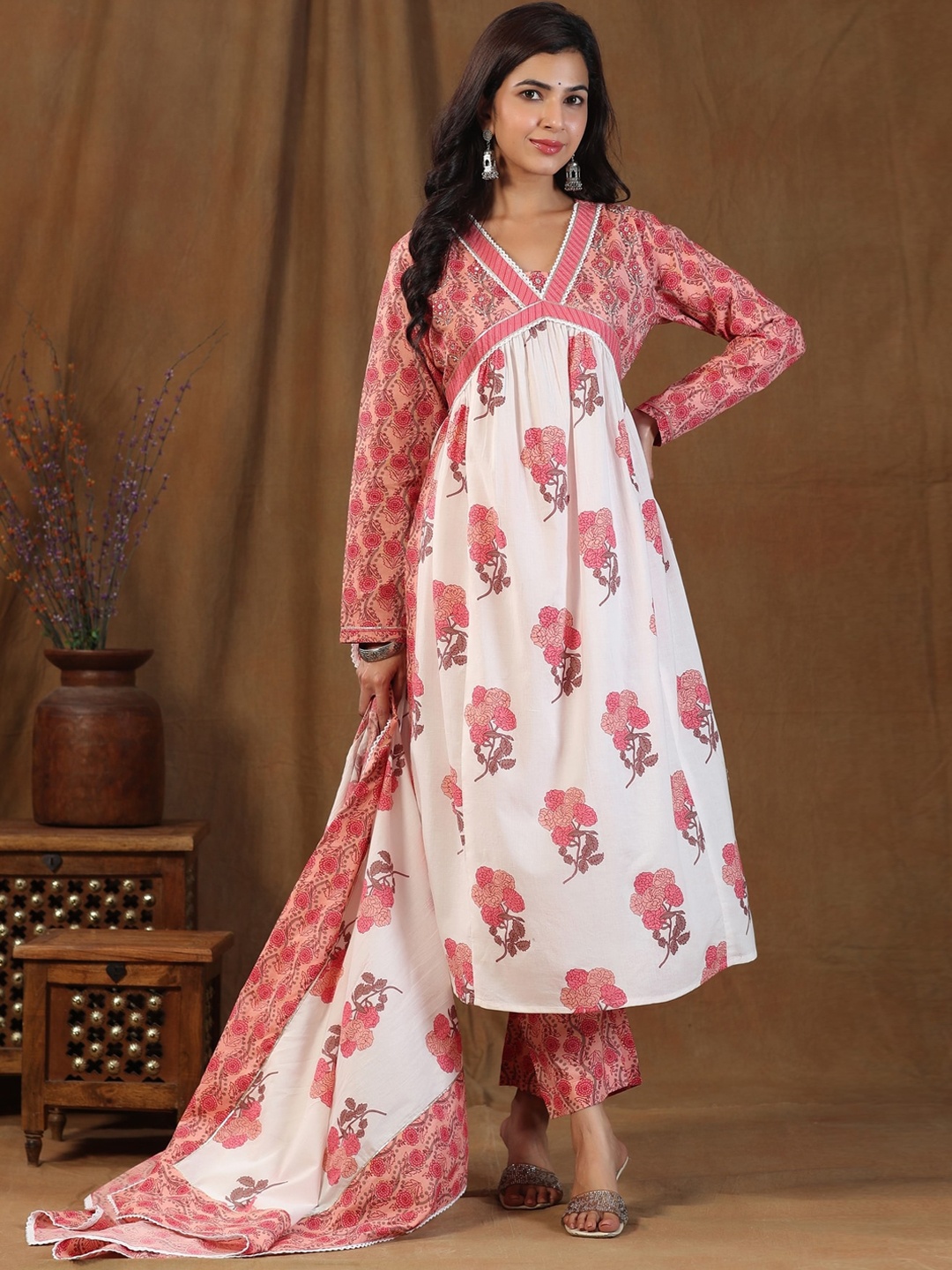 

EtnicaWear Printed Beads & Stones Pure Cotton A-Line Kurta With Palazzos & Dupatta, Peach