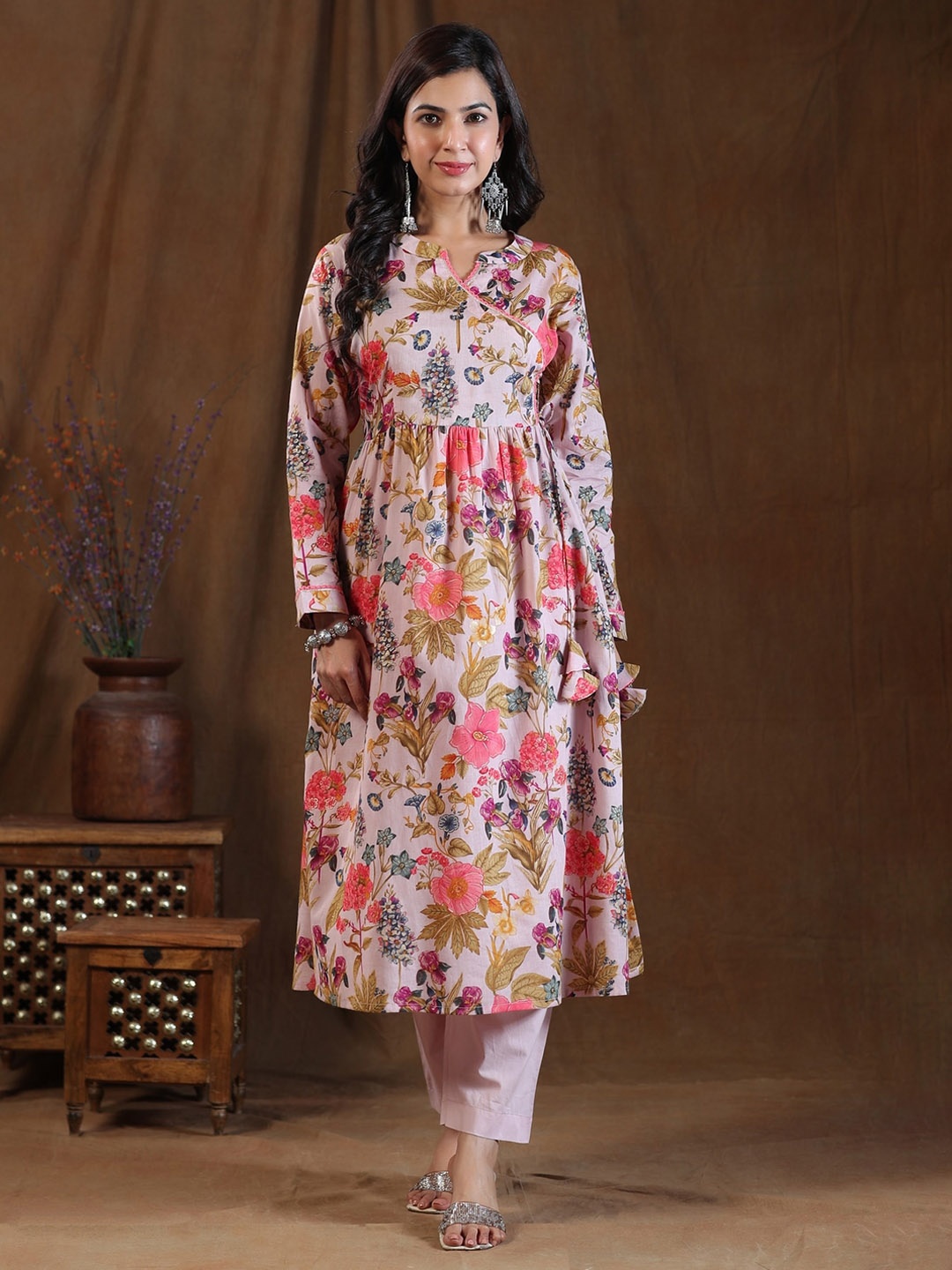 

EtnicaWear Floral Printed Notched Neck Pure Cotton Angrakha Kurta With Trousers, Pink