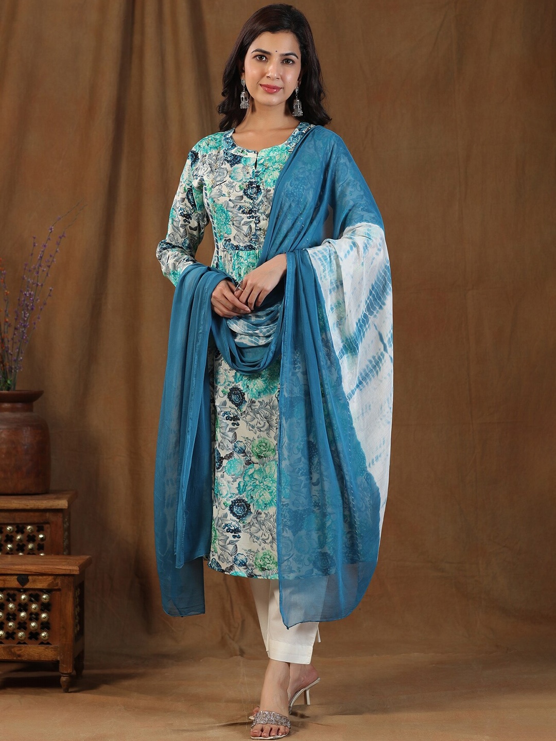 

EtnicaWear Floral Printed Beads Detail A-Line Pure Cotton Kurta with Trousers & Dupatta, Turquoise blue