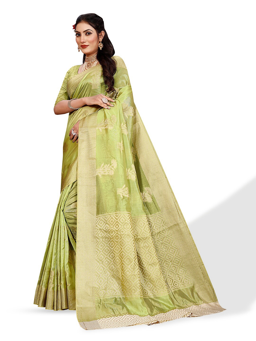 

Pisara Woven Design Zari Organza Saree, Olive