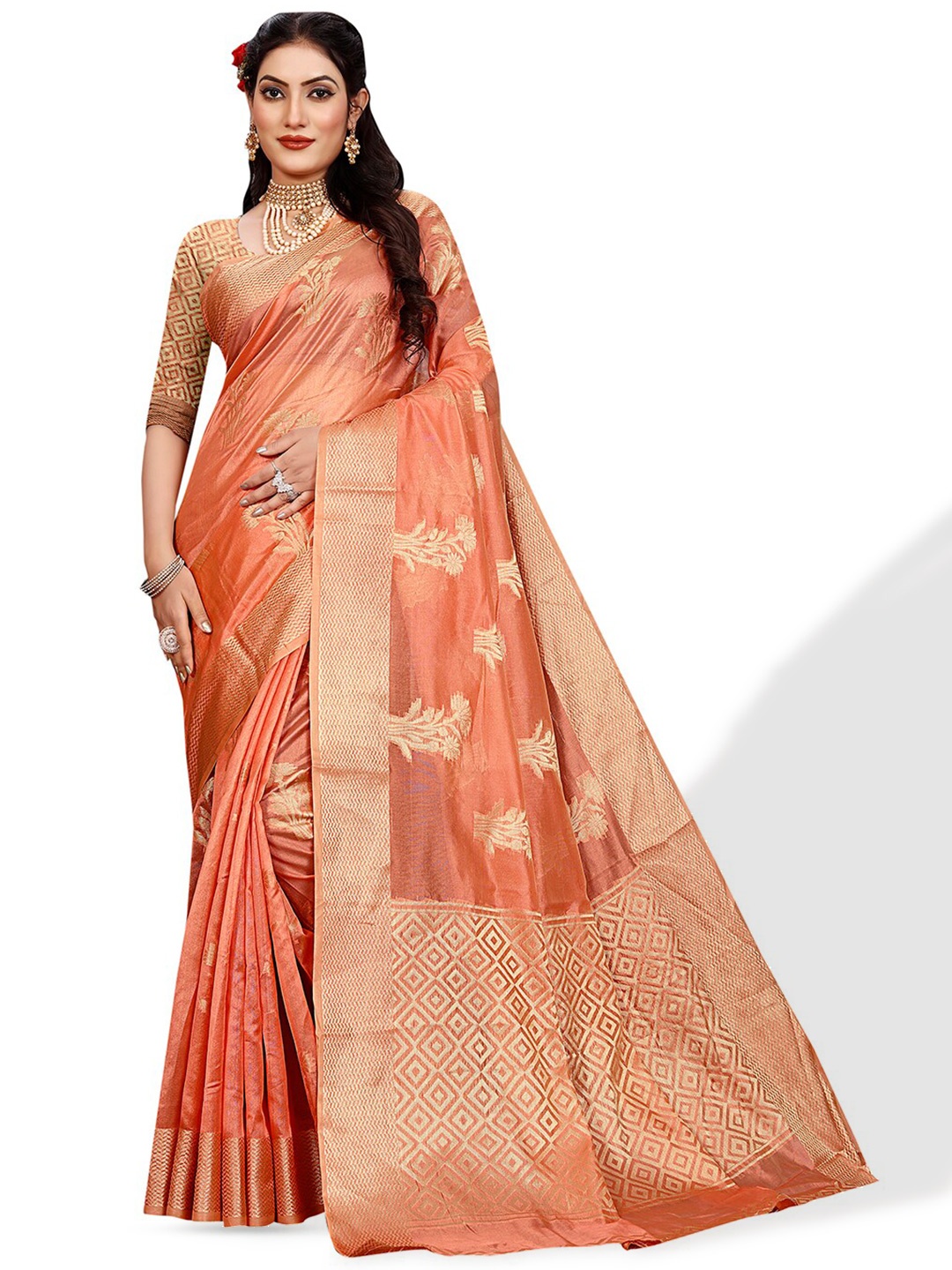 

Pisara Woven Design Zari Organza Saree, Peach