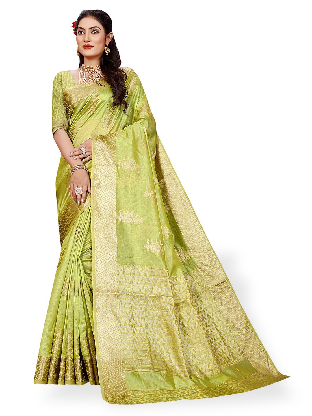 

Pisara Floral Woven Design Organza Saree, Olive