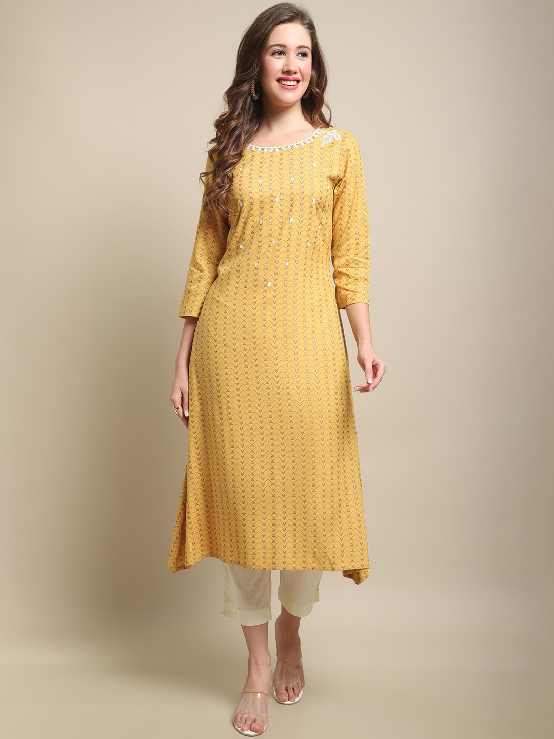 

Cantabil Ethnic Motifs Printed Thread Work Straight Kurta, Mustard