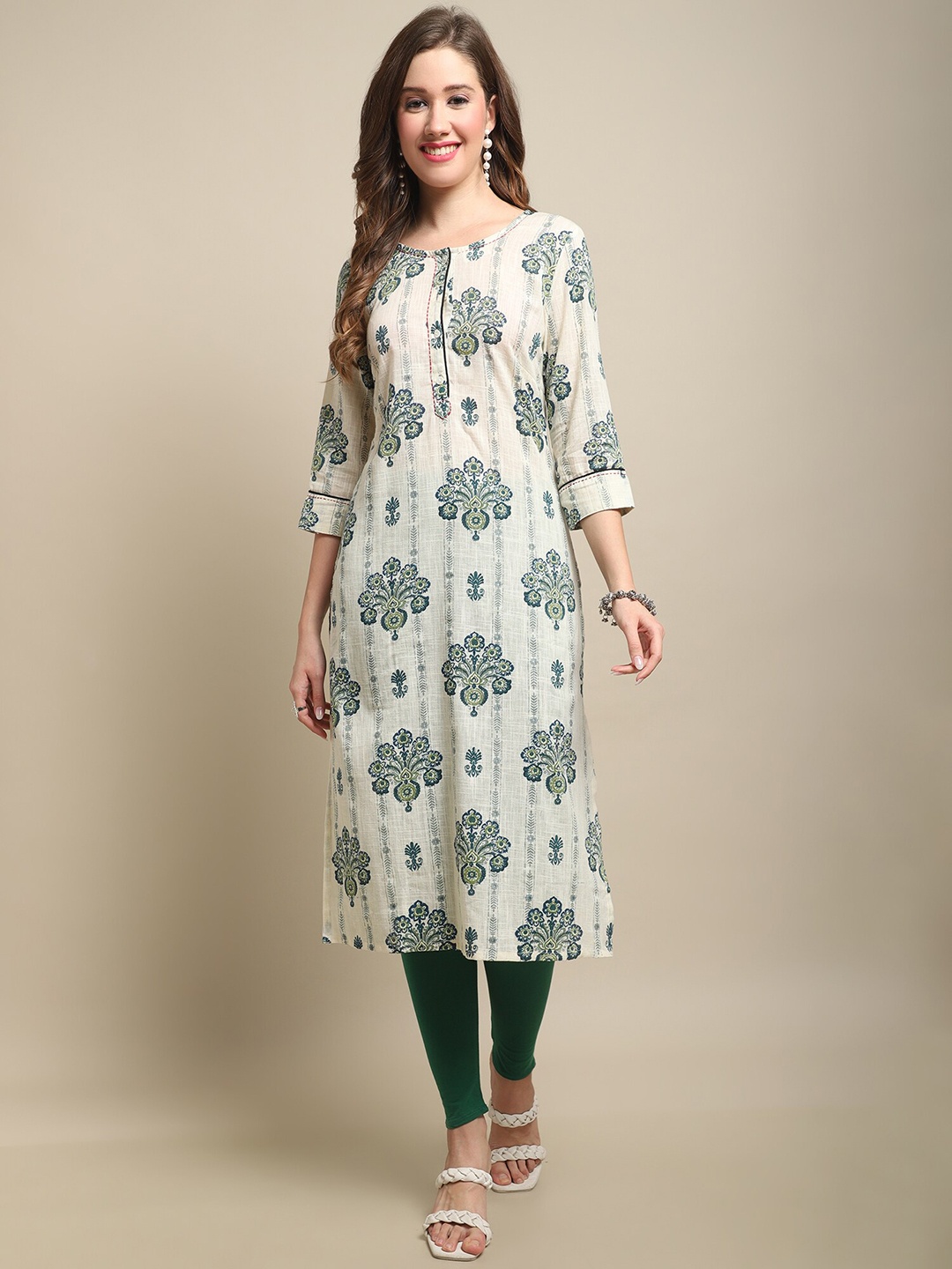 

Cantabil Ethnic Motifs Printed Straight Kurta, Beige