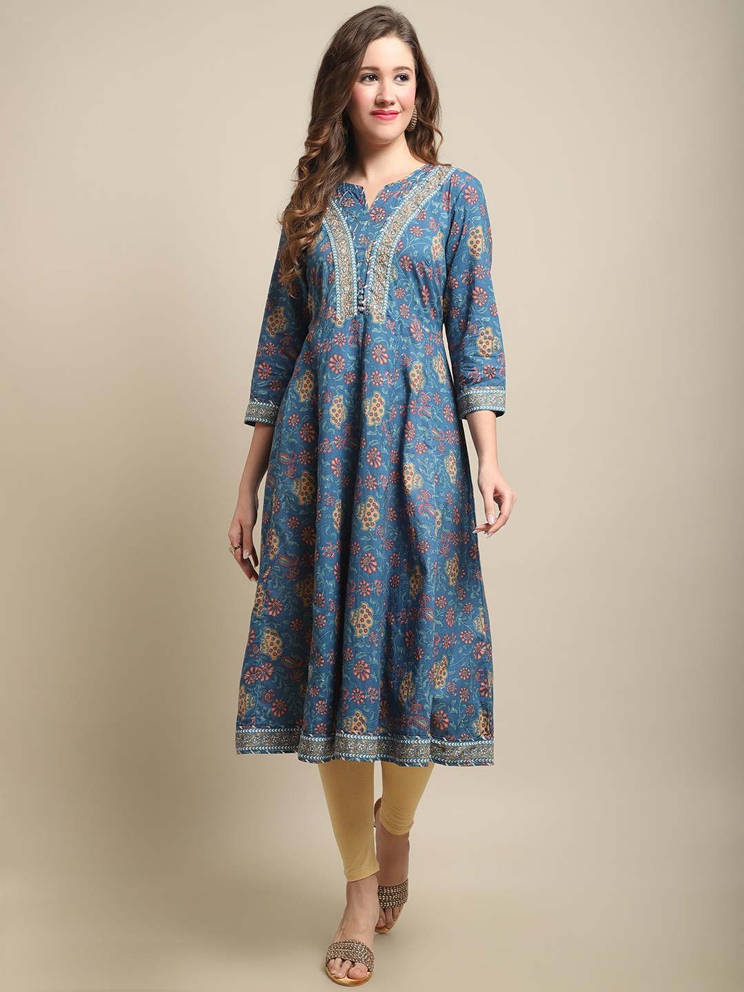 

Cantabil Floral Printed Sequined A-Line Pure Cotton Kurta, Blue