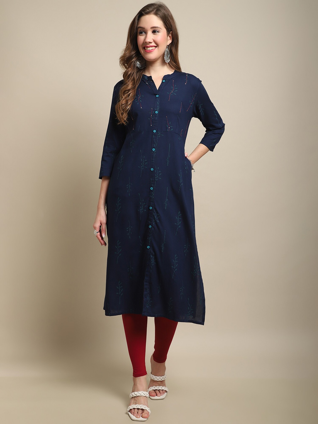 

Cantabil Floral Printed Sequined Pleated Kurta, Navy blue