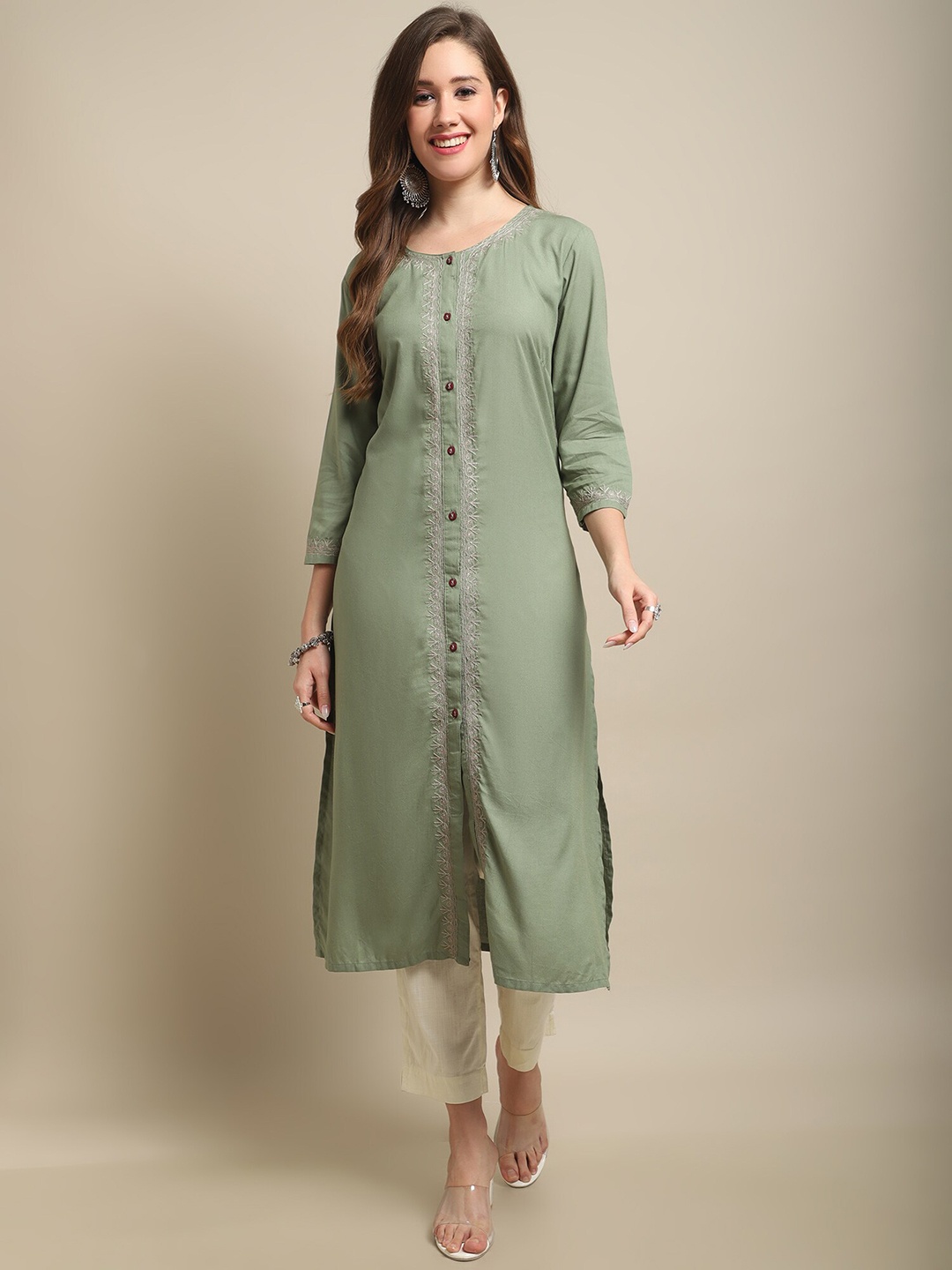 

Cantabil Ethnic Motifs Embroidered Straight Kurta, Olive
