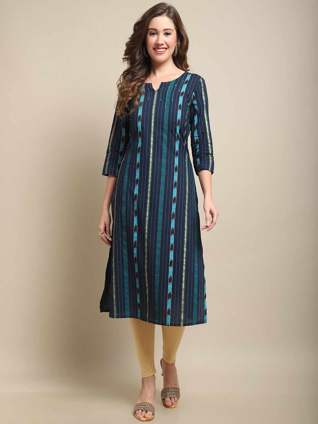 

Cantabil Striped Notched Neck Kurta, Navy blue