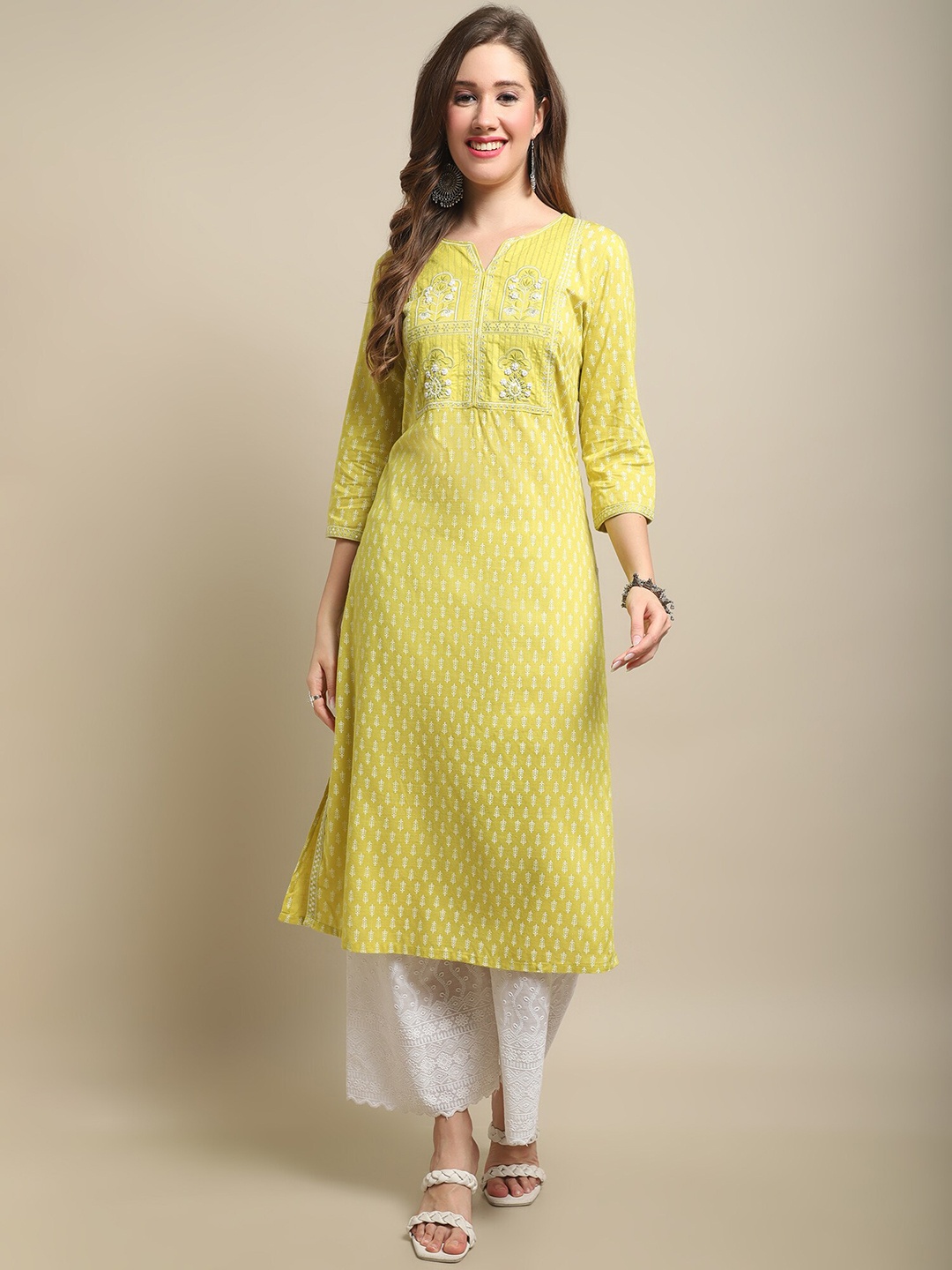 

Cantabil Ethnic Motifs Printed Thread Work Straight Kurta, Yellow