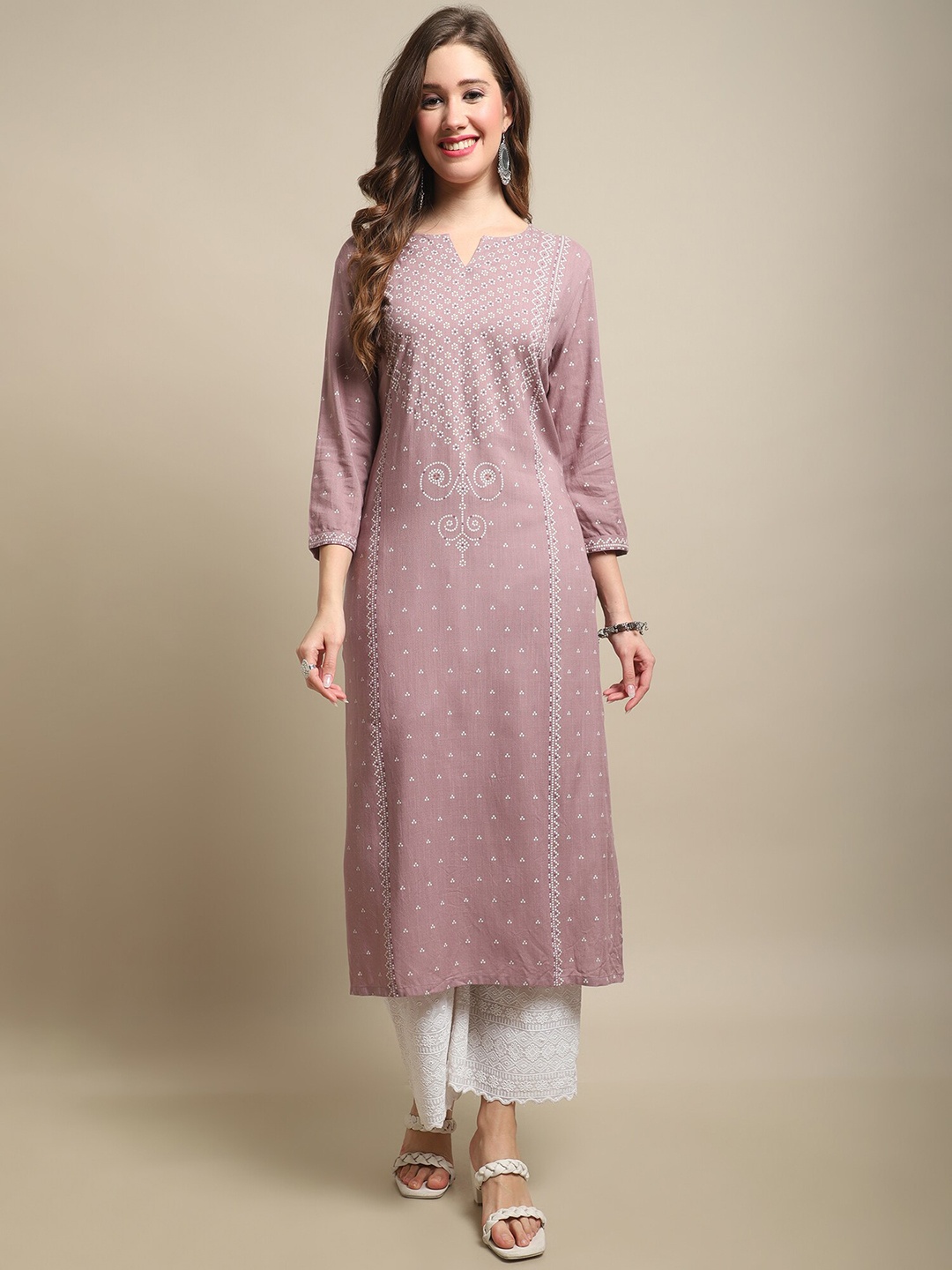 

Cantabil Notched Neck Bandhani Printed Straight Kurta, Mauve