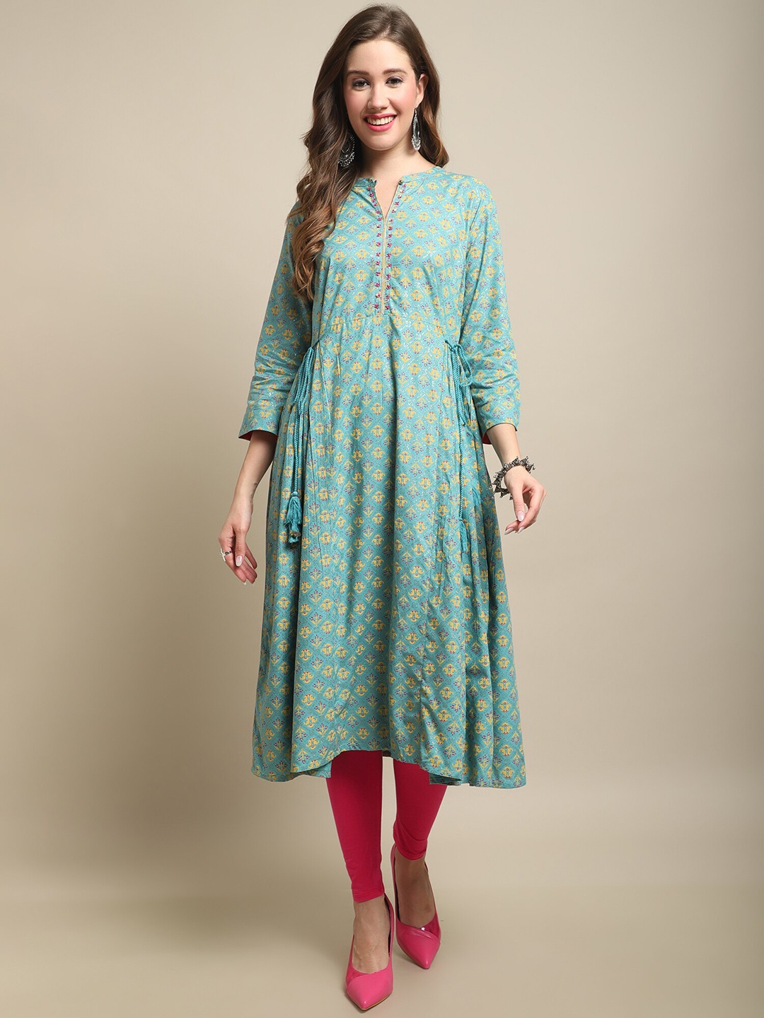

Cantabil Ethnic Motifs Printed Bead Work A-Line Kurta, Turquoise blue