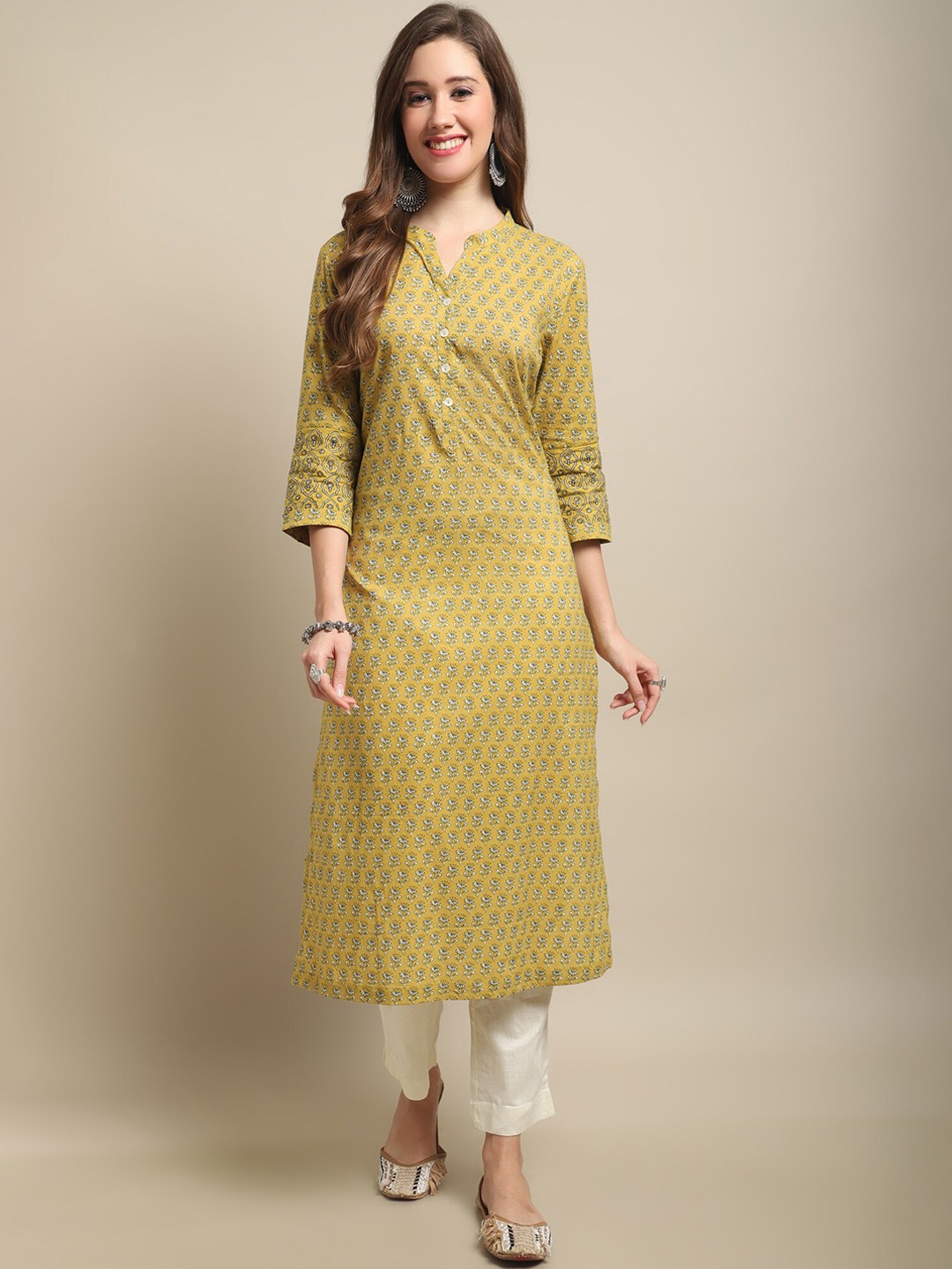 

Cantabil Ethnic Motifs Printed Pure Cotton Straight Kurta, Mustard