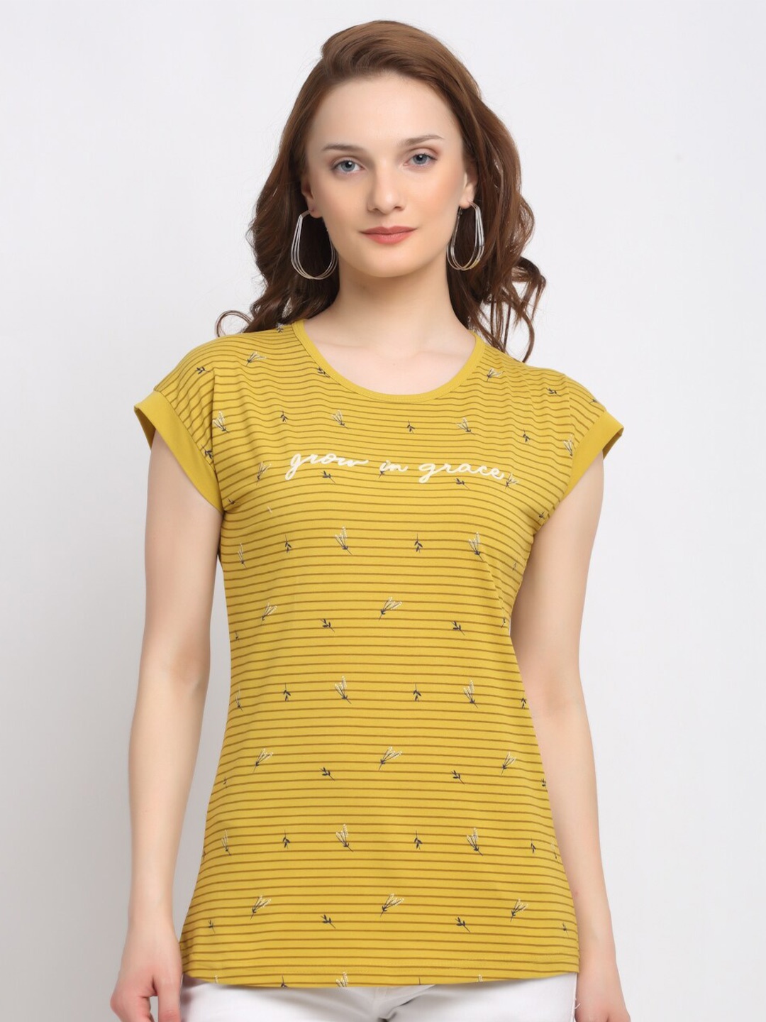 

ANTI CULTURE Striped Round Neck Short Sleeves Cotton T-Shirt, Mustard