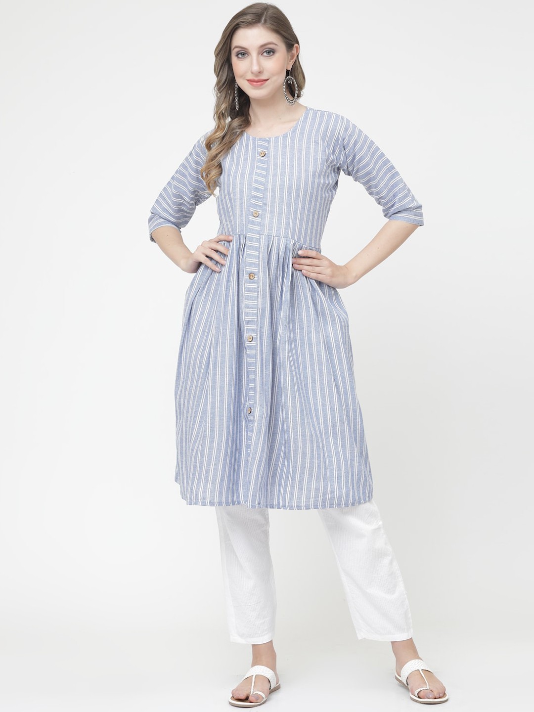 

KALINI Pleated Striped Anarkali Kurta, Blue