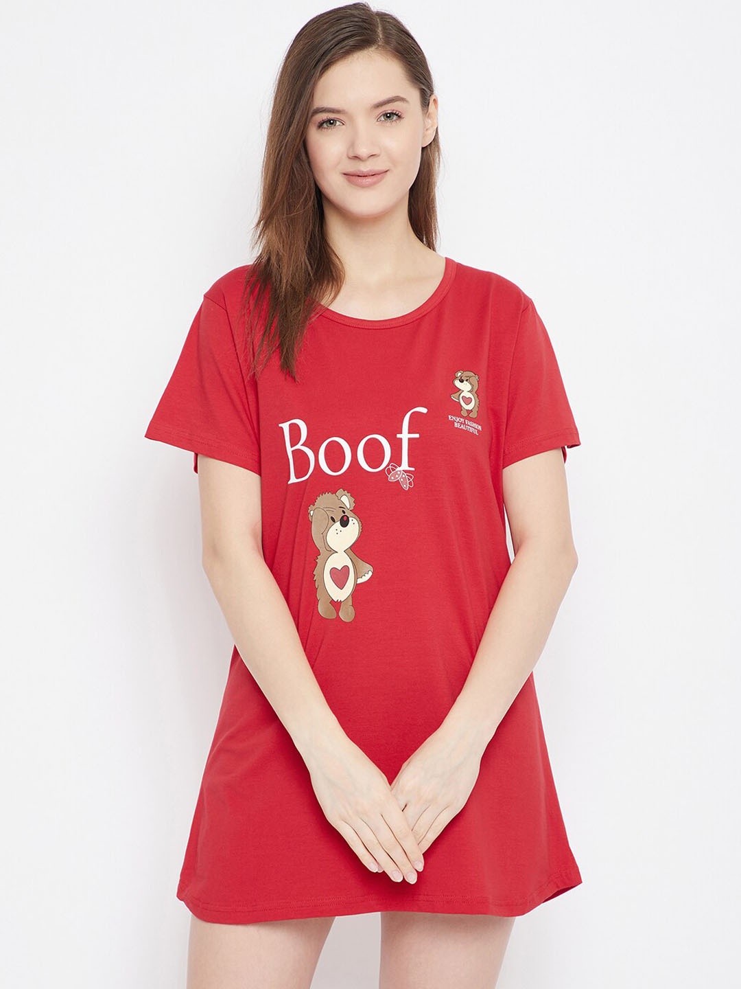 

FRENCH FLEXIOUS Typography Printed Pure Cotton T-shirt Nightdress, Red