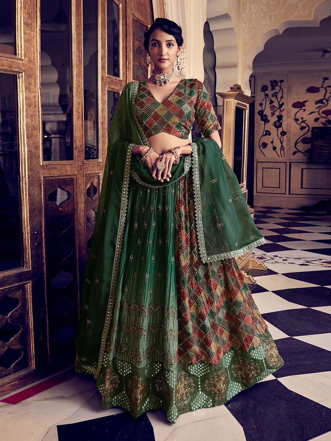 

Fusionic Embellished Semi-Stitched Lehenga & Unstitched Blouse With Dupatta, Green