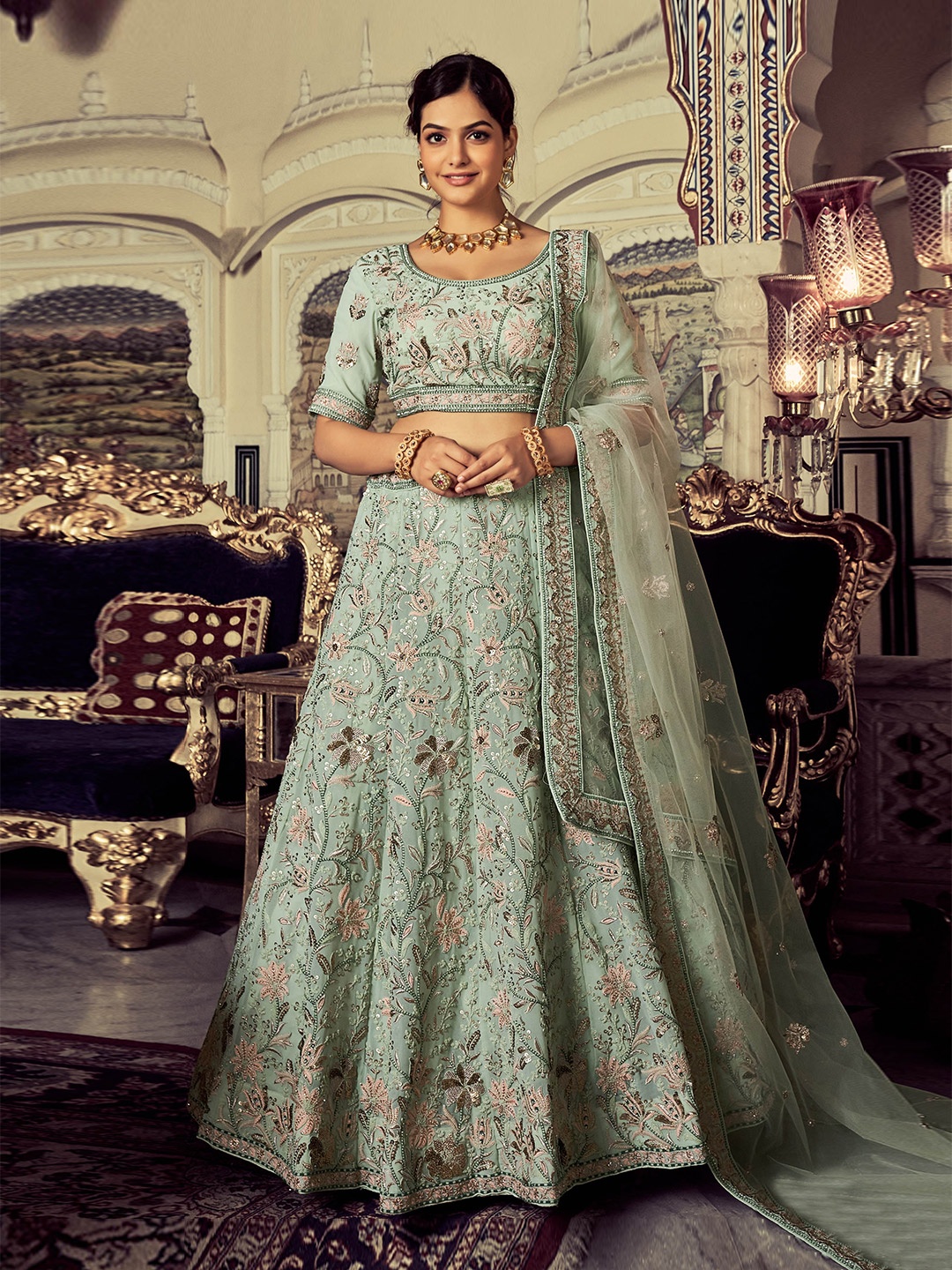 

Fusionic Embellished Sequinned Semi-Stitched Lehenga & Unstitched Blouse With Dupatta, Green