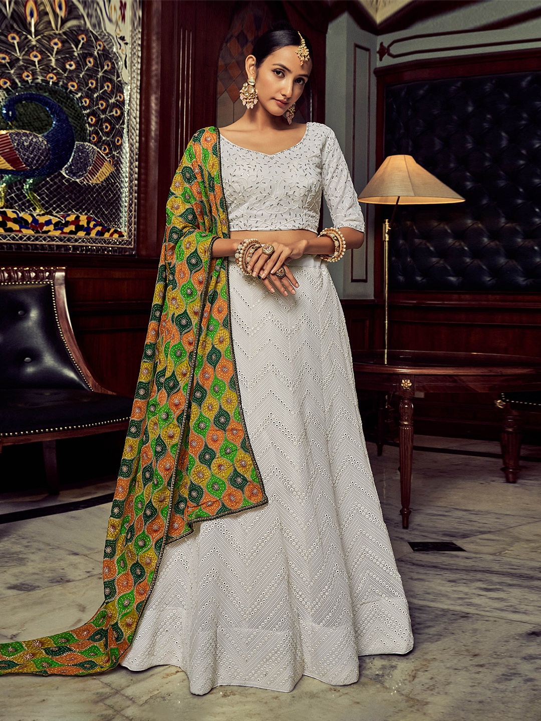 

Fusionic Embellished Sequinned Semi-Stitched Lehenga & Unstitched Blouse With Dupatta, White