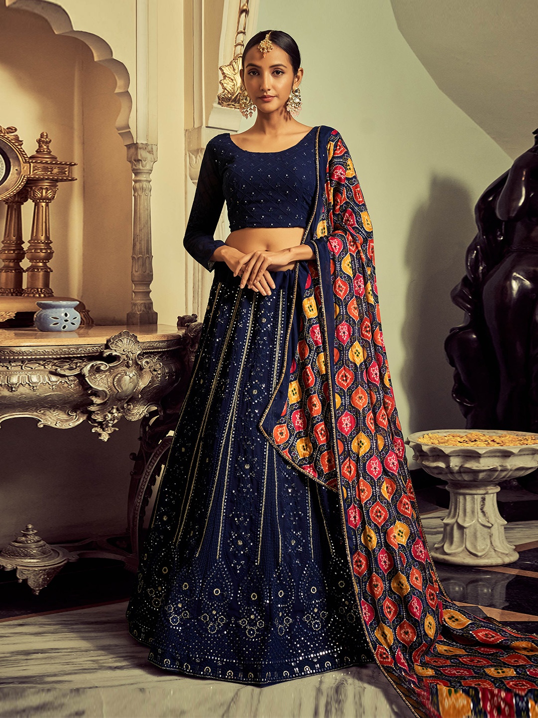 

Fusionic Embellished Sequinned Semi-Stitched Lehenga & Unstitched Blouse With Dupatta, Navy blue