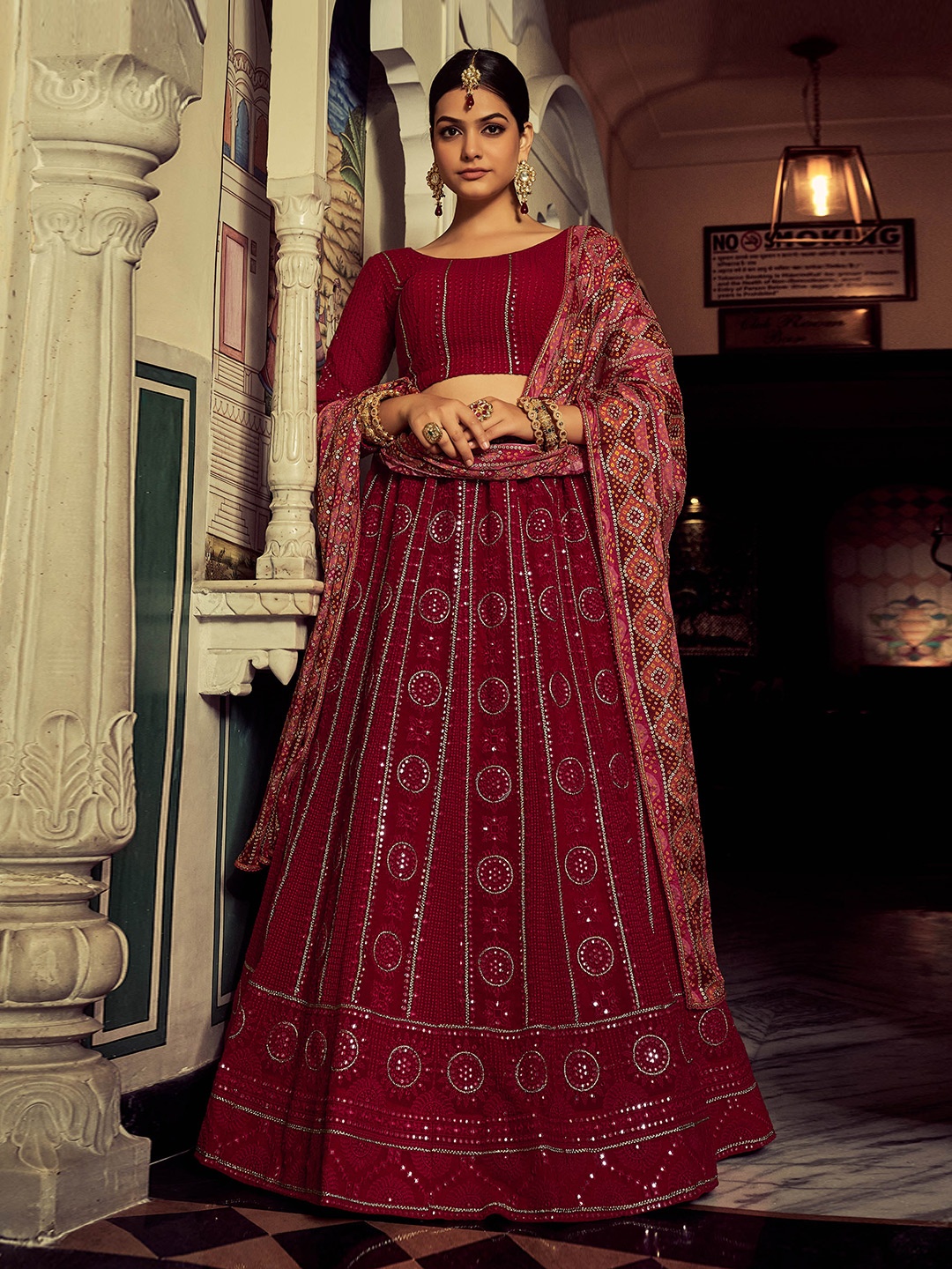 

Fusionic Embellished Sequinned Semi-Stitched Lehenga & Unstitched Blouse With Dupatta, Maroon