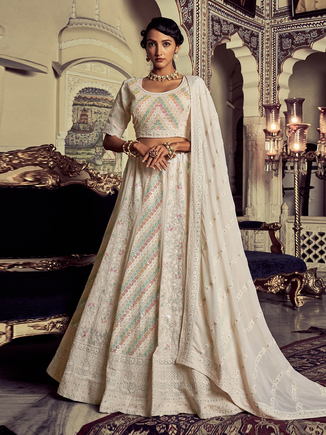 

Fusionic Embellished Beads & Stones Semi-Stitched Lehenga & Unstitched Blouse With Dupatta, White