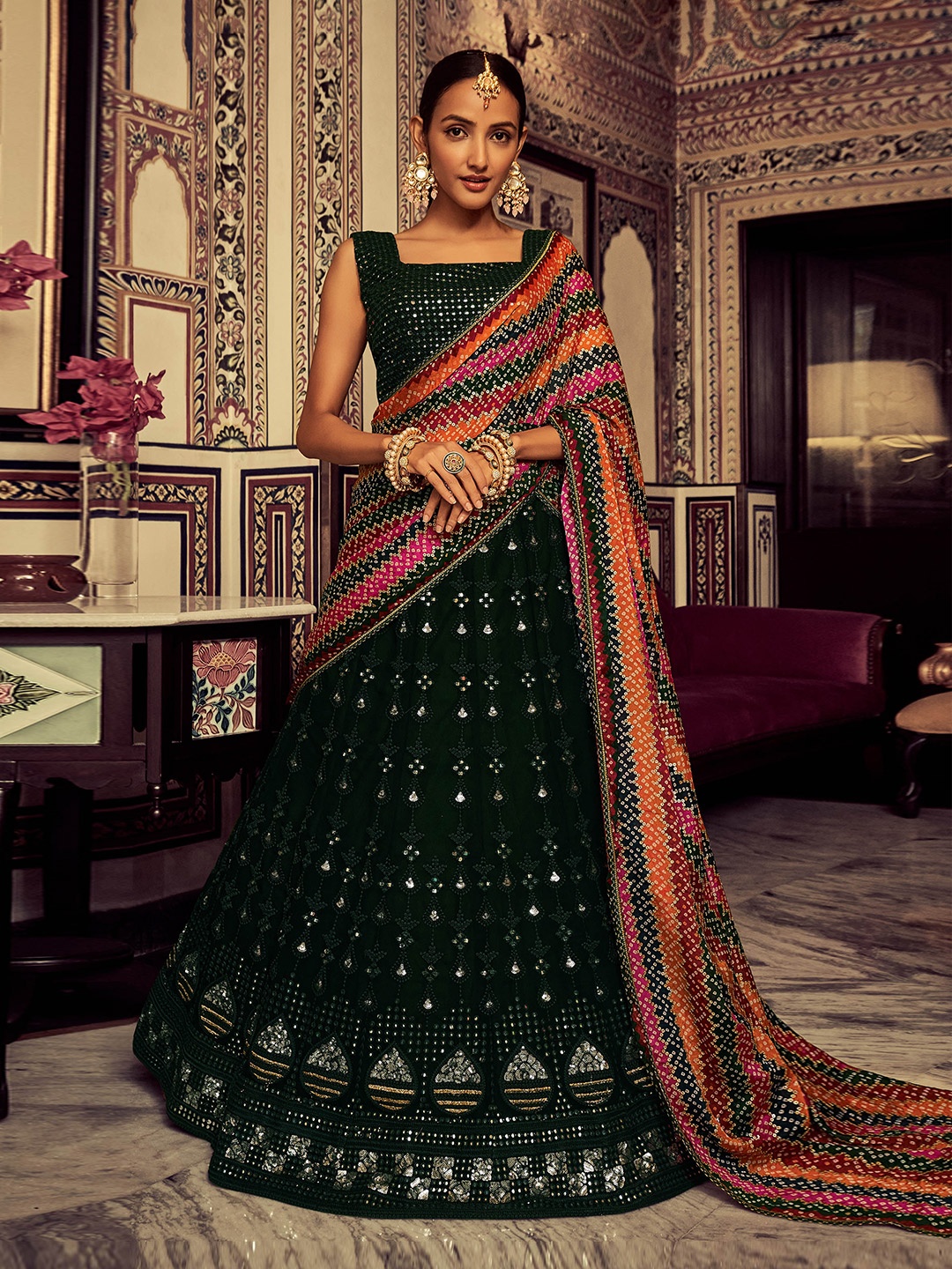 

Fusionic Embellished Sequinned Semi-Stitched Lehenga & Unstitched Blouse With Dupatta, Green