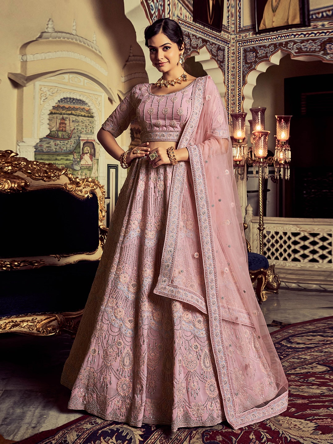 

Fusionic Embellished Thread Work Semi-Stitched Lehenga & Unstitched Blouse With Dupatta, Mauve