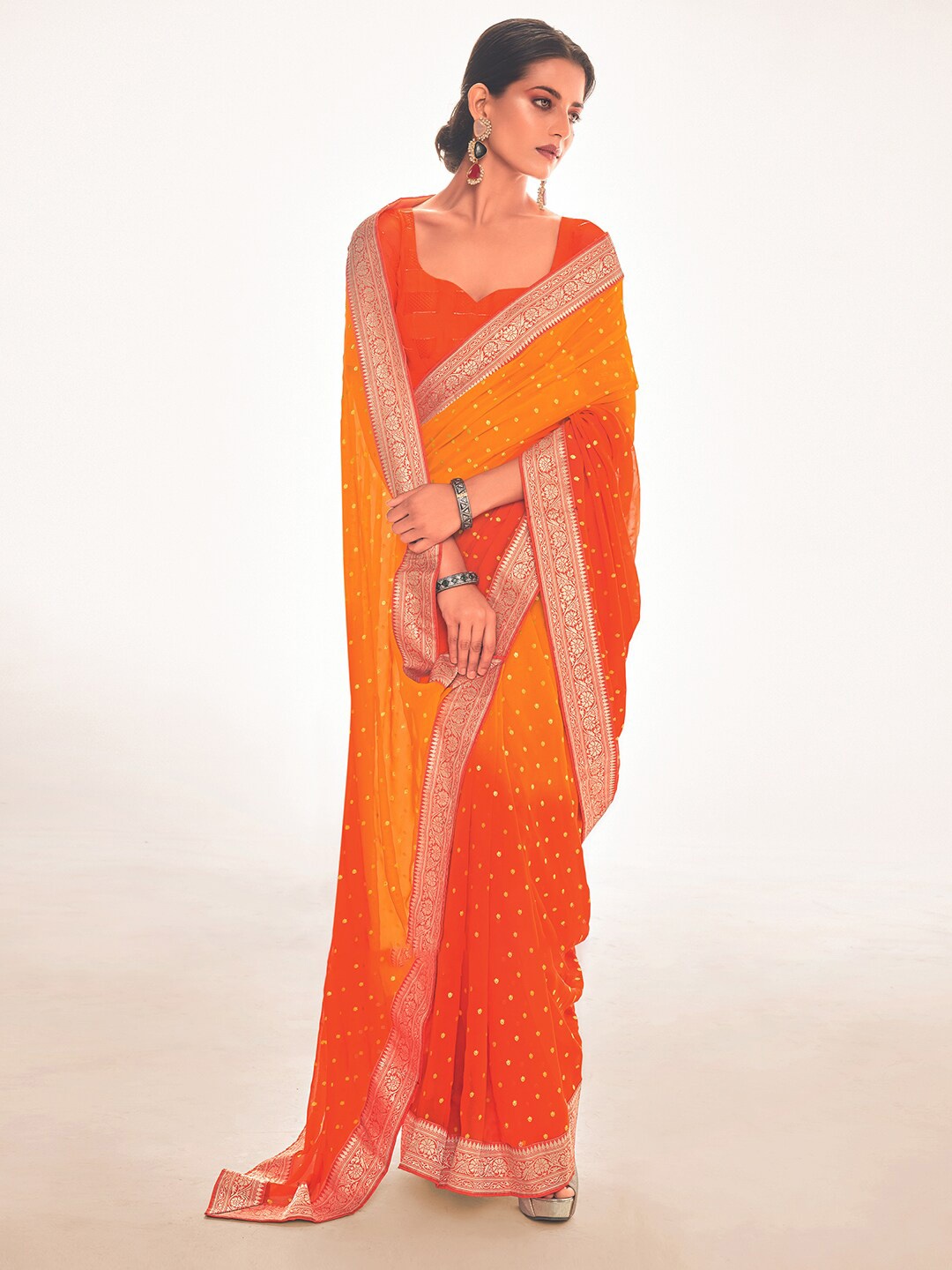 

Kasak Polka Dots Printed Zari Poly Georgette Saree, Orange