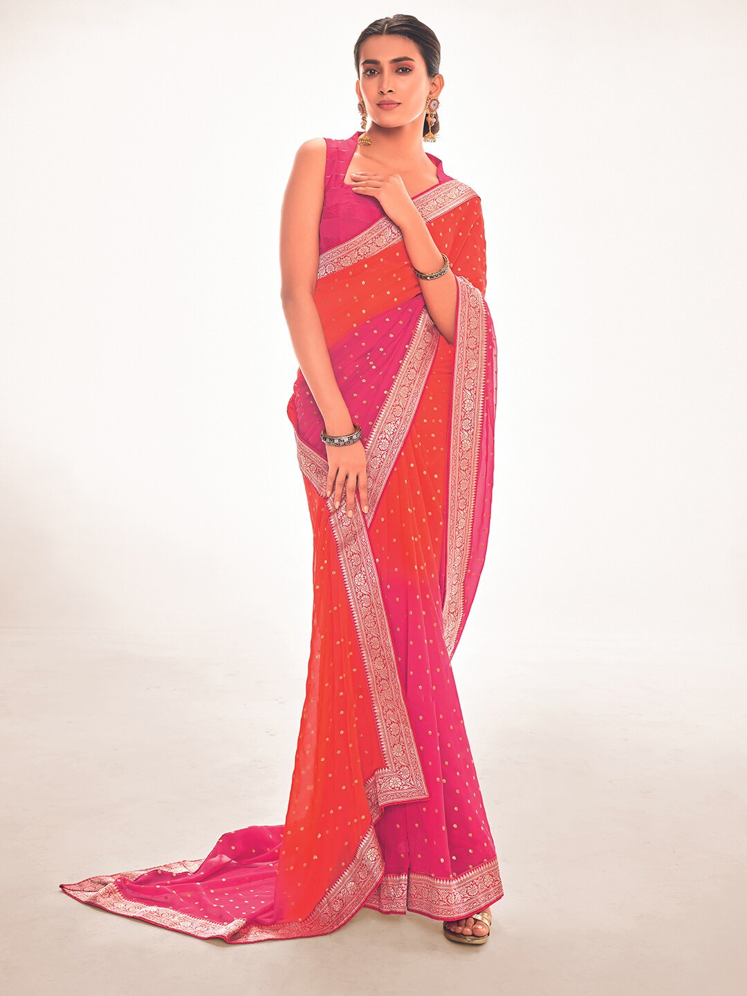 

Kasak Polka Dots Printed Zari Poly Georgette Saree, Pink