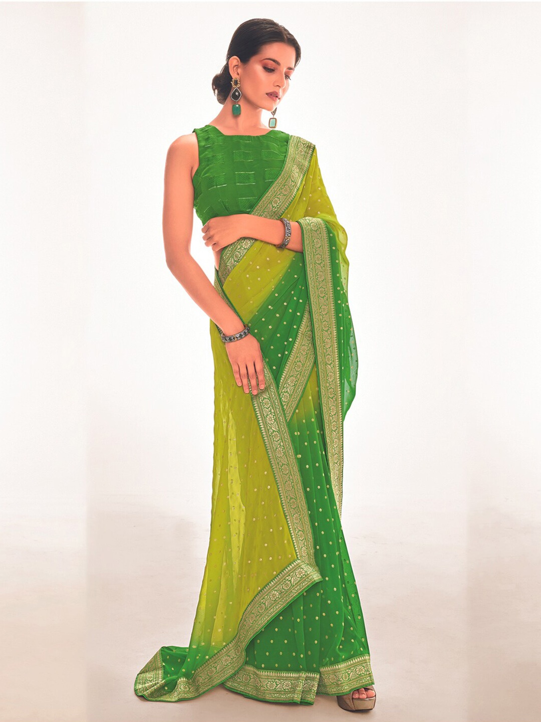 

Kasak Polka Dots Printed Zari Poly Georgette Saree, Green