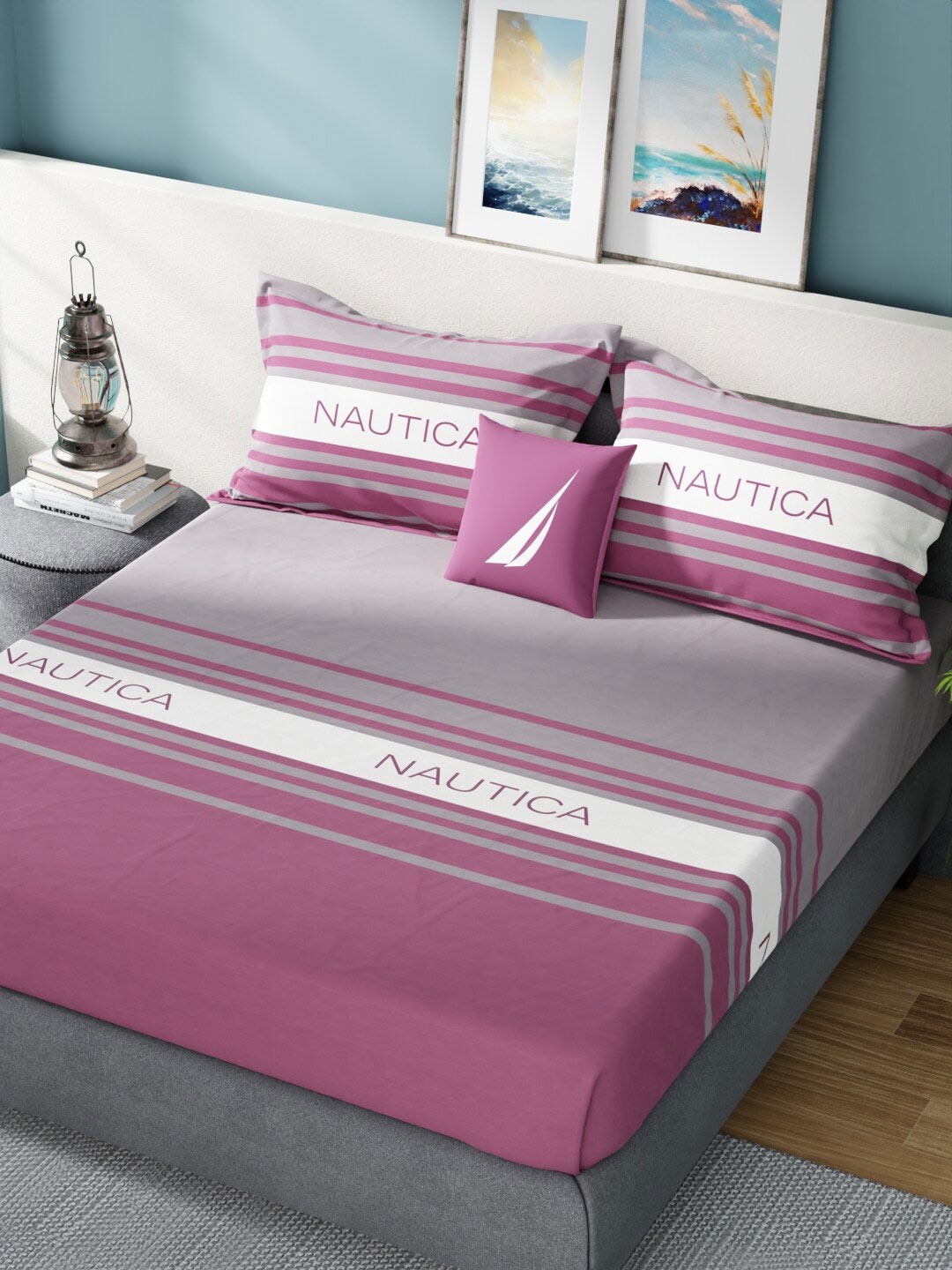 

Nautica Bradford Grey & Pink Striped 160 TC Pure Cotton King Bedsheet & 2 Pillow Covers